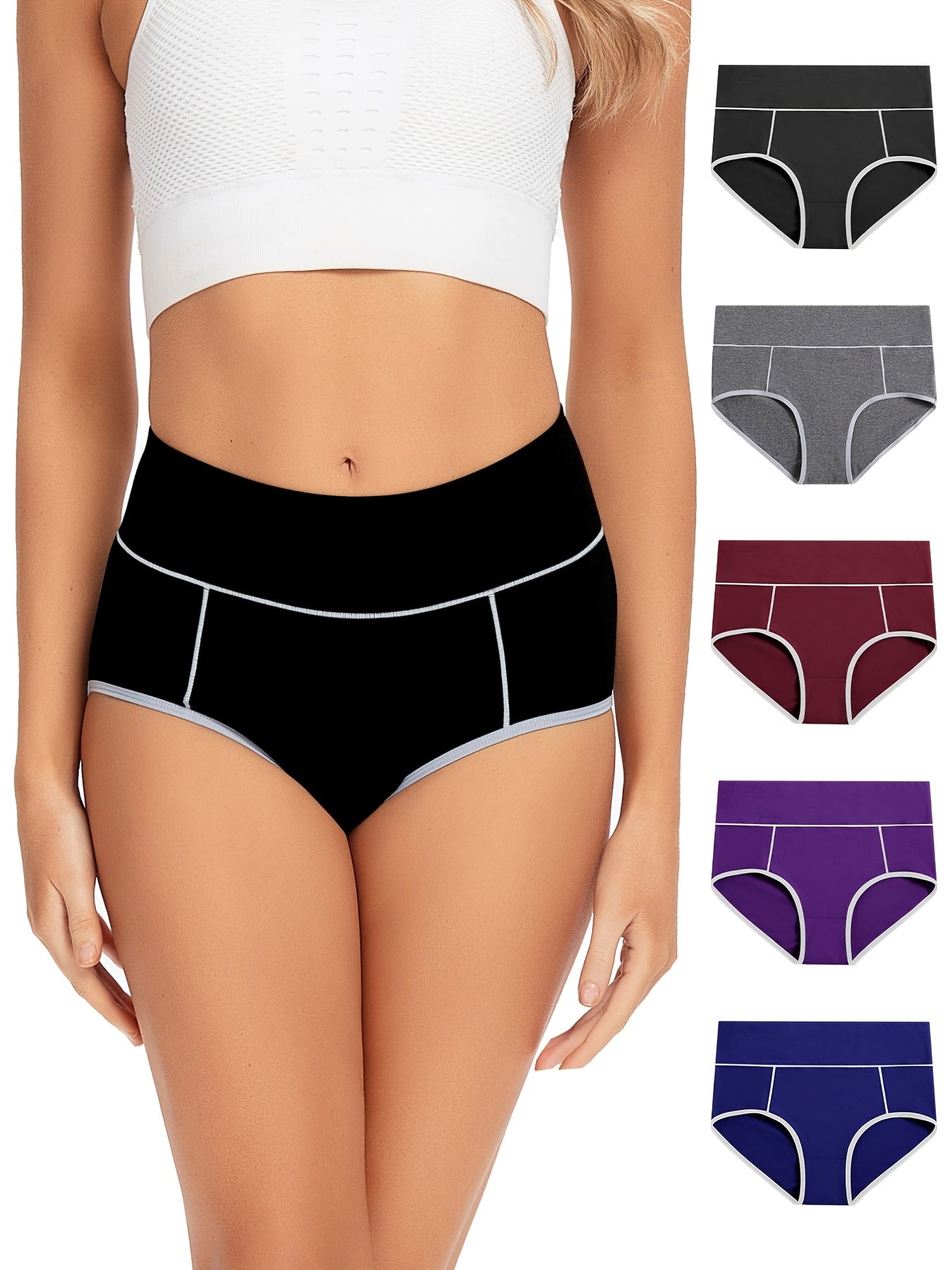 5 pack five piece Women's Plus Size Sporty High Waisted Soft & Comfy Briefs Set with Contrast Trim