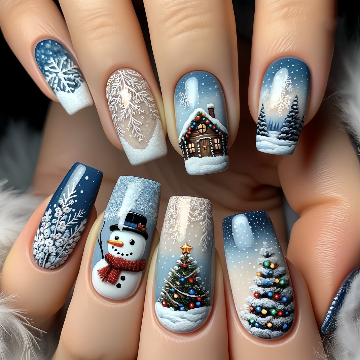 24pcs Set of Glossy Blue Christmas Press-On Nails - Medium Square, Snowman & Snowflake Design with 3D Rhinestone Accents, Full Cover Acrylic Fake Nails for Women and Girls - Festive Winter Nail Art Kit