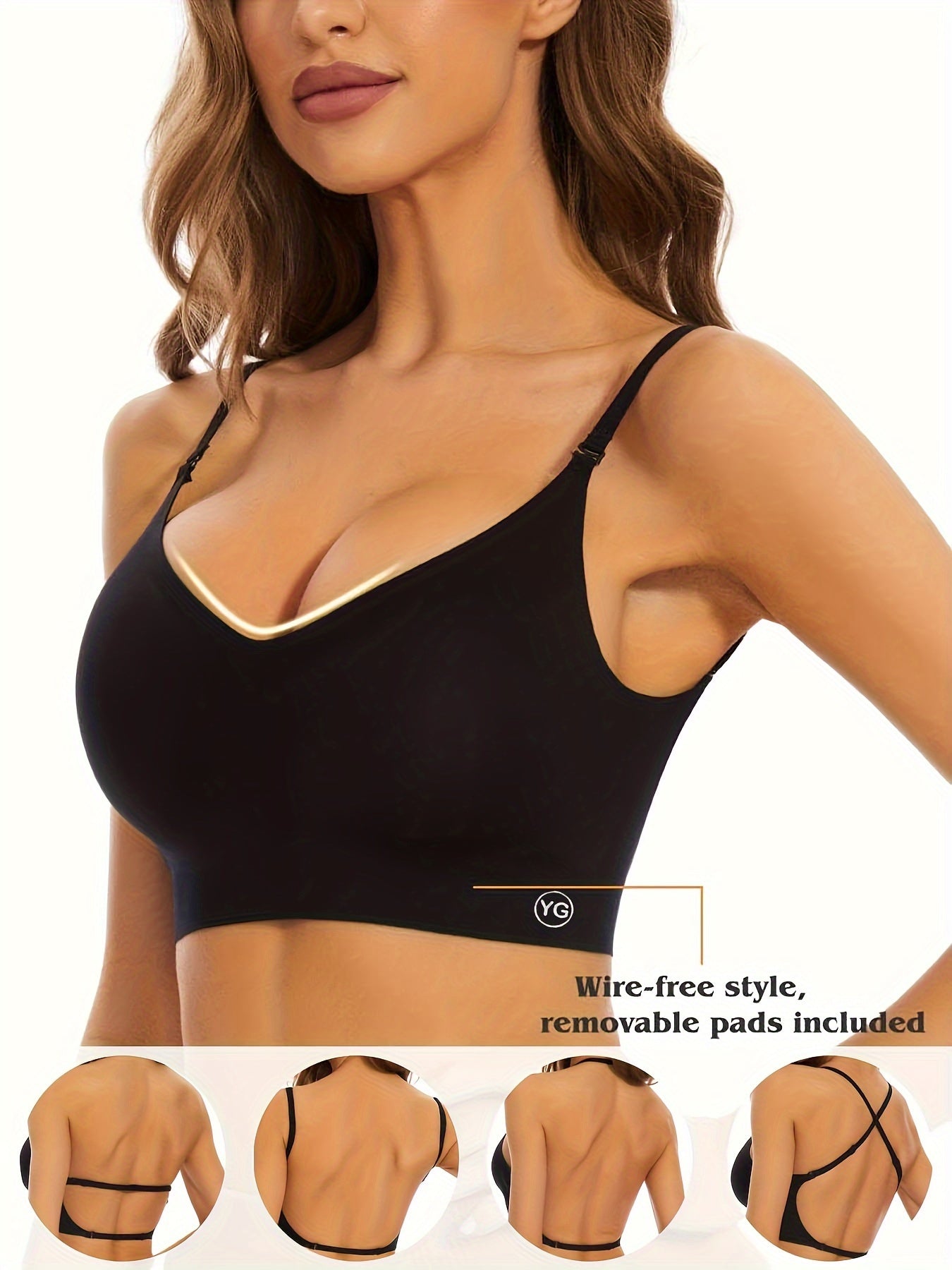 Womens Seamless V-Neck Wireless Sports Bra - Ultra Low-Back Design, Adjustable Fit, Removable Chest Pad, Breathable Medium Stretch Nylon Fabric, Backless, Solid Color, No Printing - Perfect for Active Women - Irene's Secret