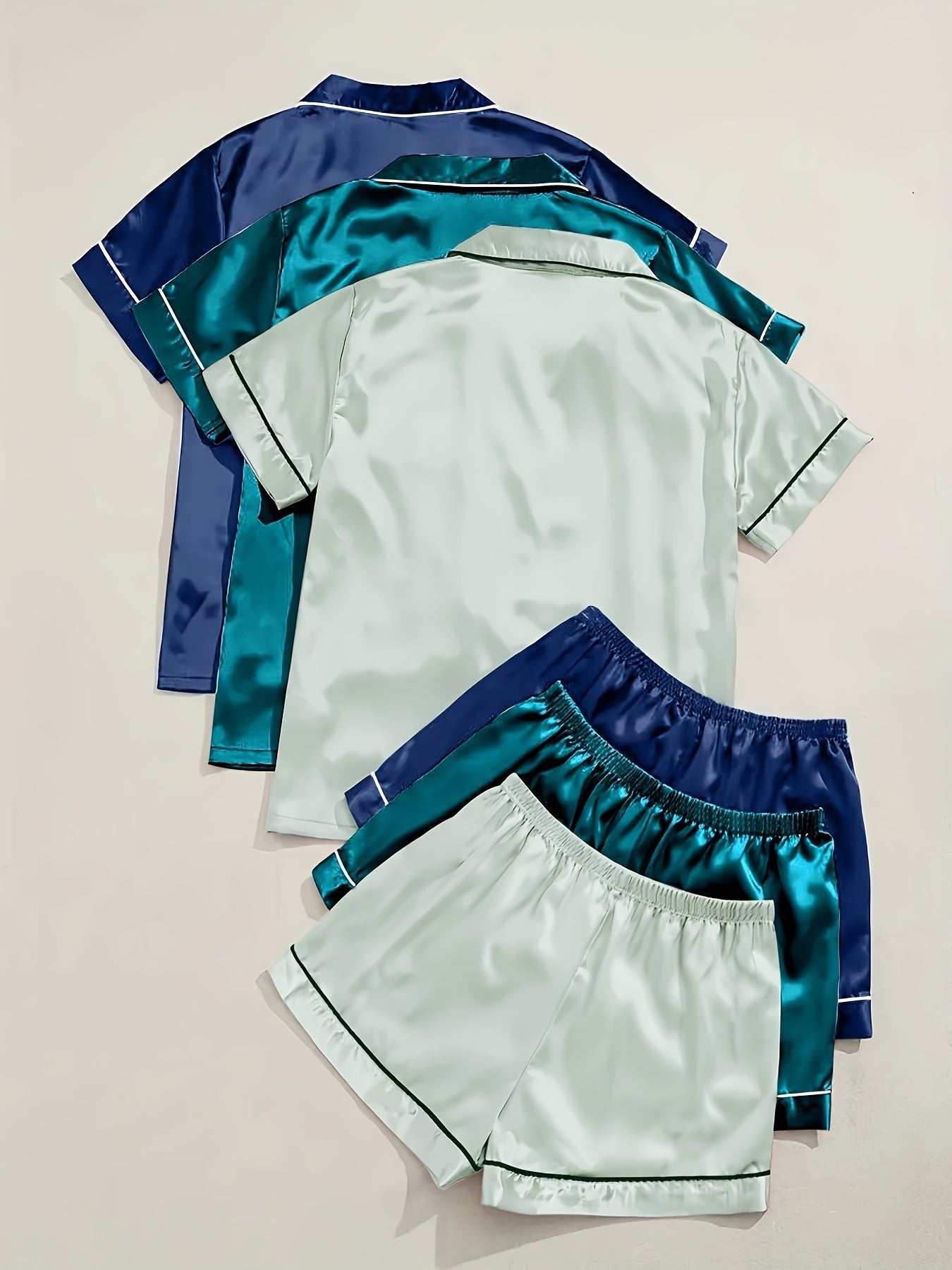 3 Sets Solid Satin Pajama Set, Casual Short Sleeve Buttons Lapel Top & Elastic Shorts, Women's Sleepwear