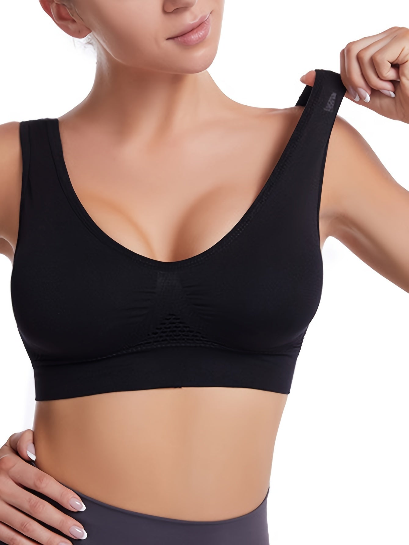 Solid Color Breathable Sports Bra, Round Neck High Stretch Hollow Out Fitness Top, Women's Activewear