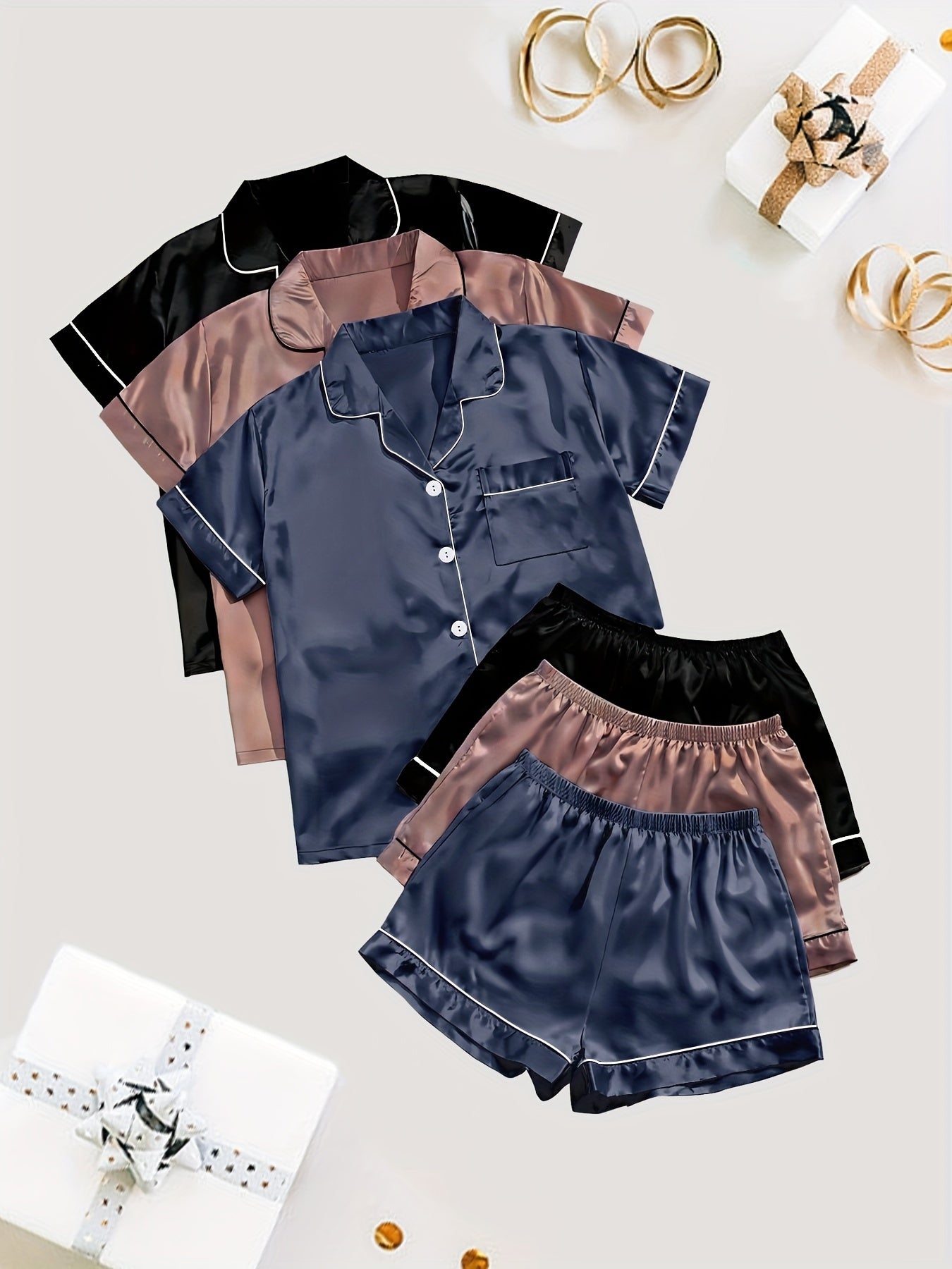 3 Sets Solid Satin Pajama Set, Casual Short Sleeve Buttons Lapel Top & Elastic Shorts, Women's Sleepwear