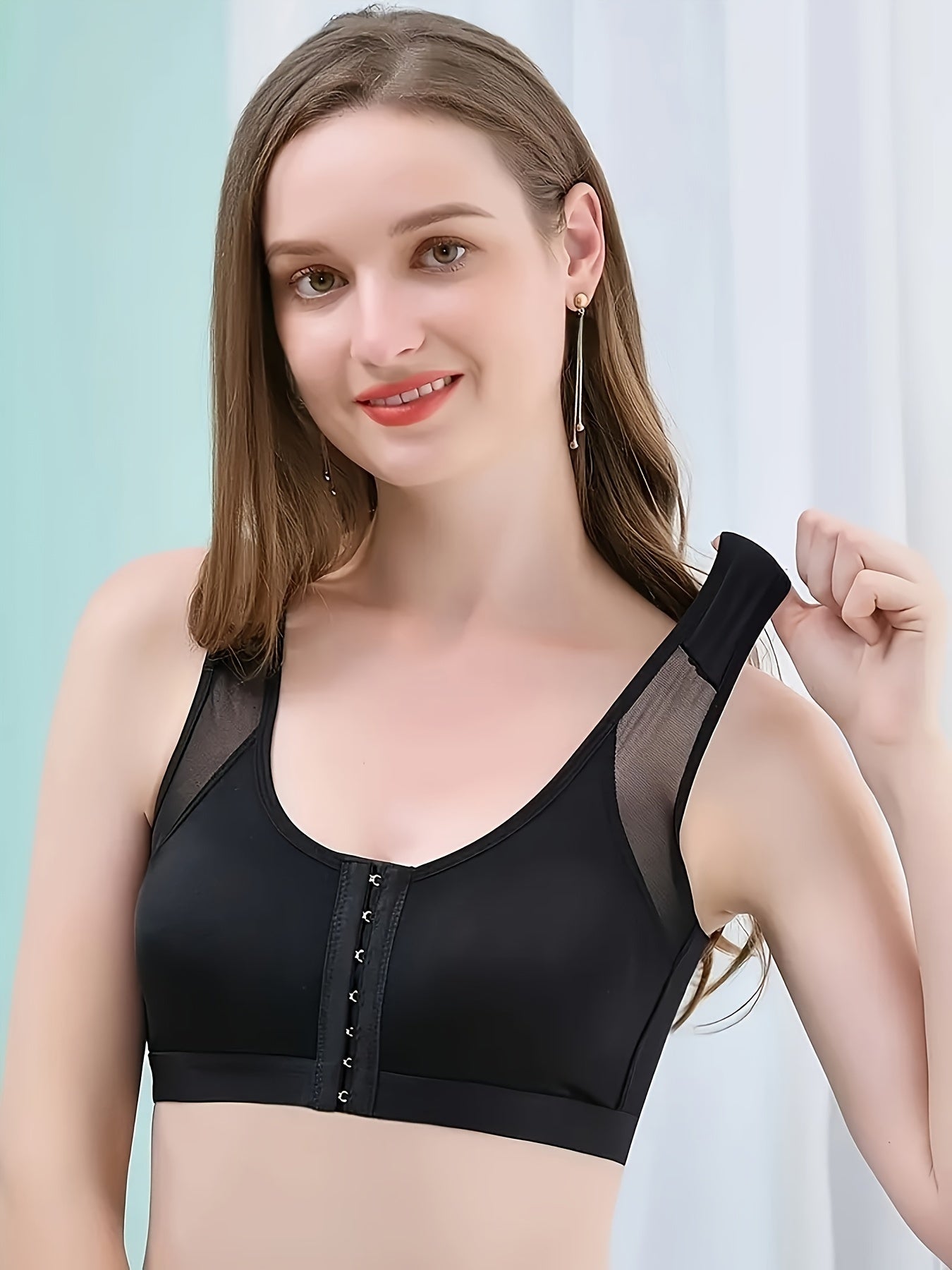 Solid Front Buckle Sports Bra, Comfy & Breathable Wireless Push Up Intimates Bra, Women's Lingerie & Underwear