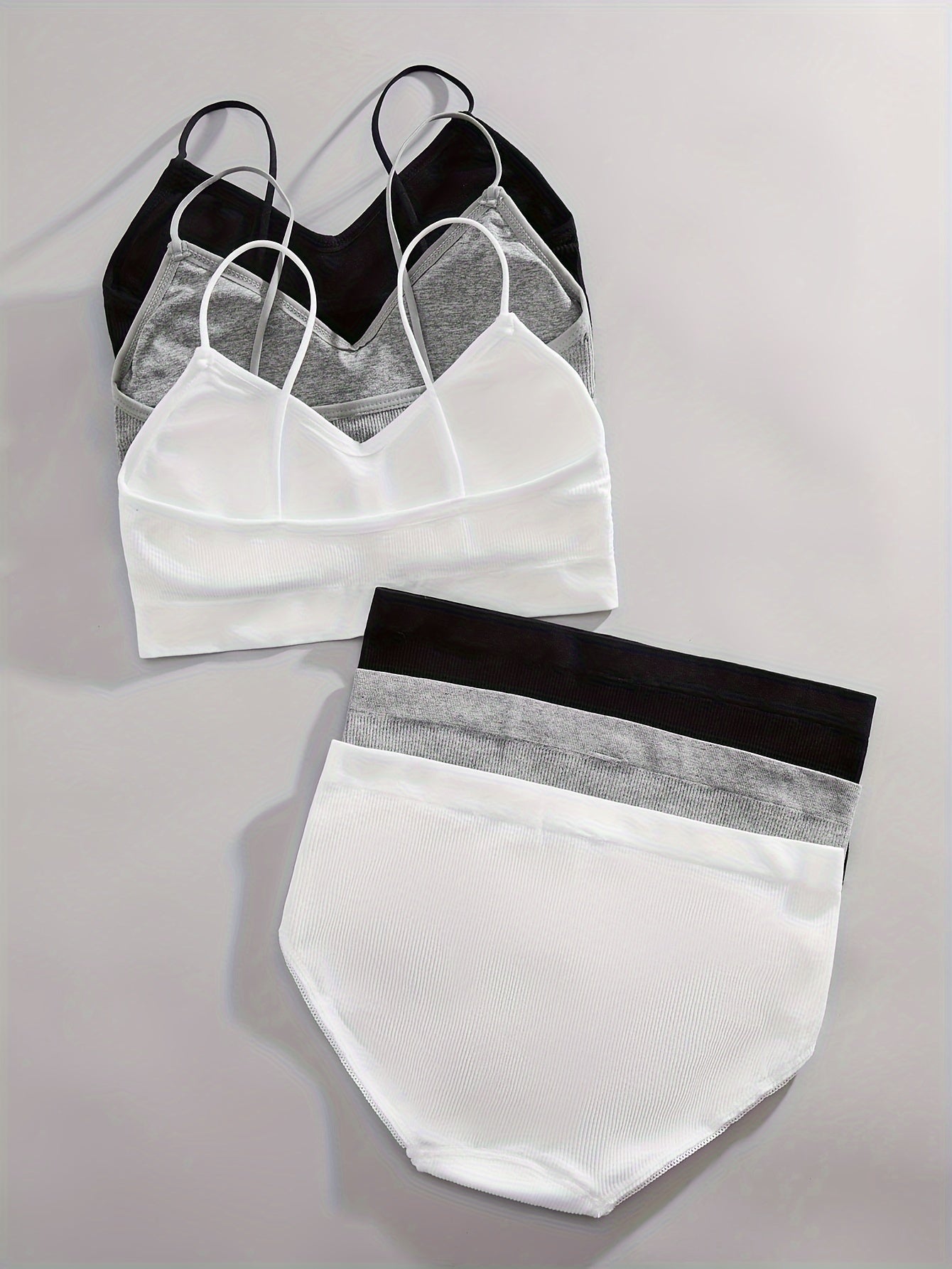 3 Sets Solid Ribbed Bra & Panties, Push Up Bra & Elastic Panties Lingerie Set, Women's Lingerie & Underwear