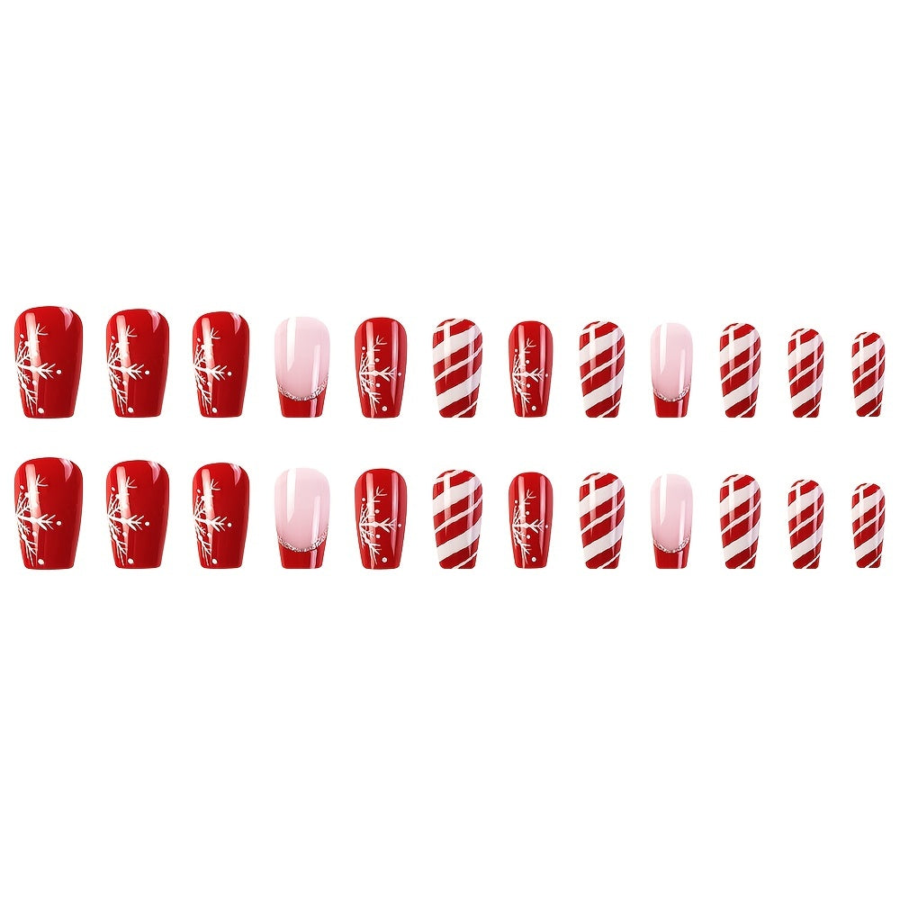 24pcs Glossy Short Ballet Fake Nails, Christmas Red Press On Nails With White Snowflake Stripe Design, French False Nails For Women Girls