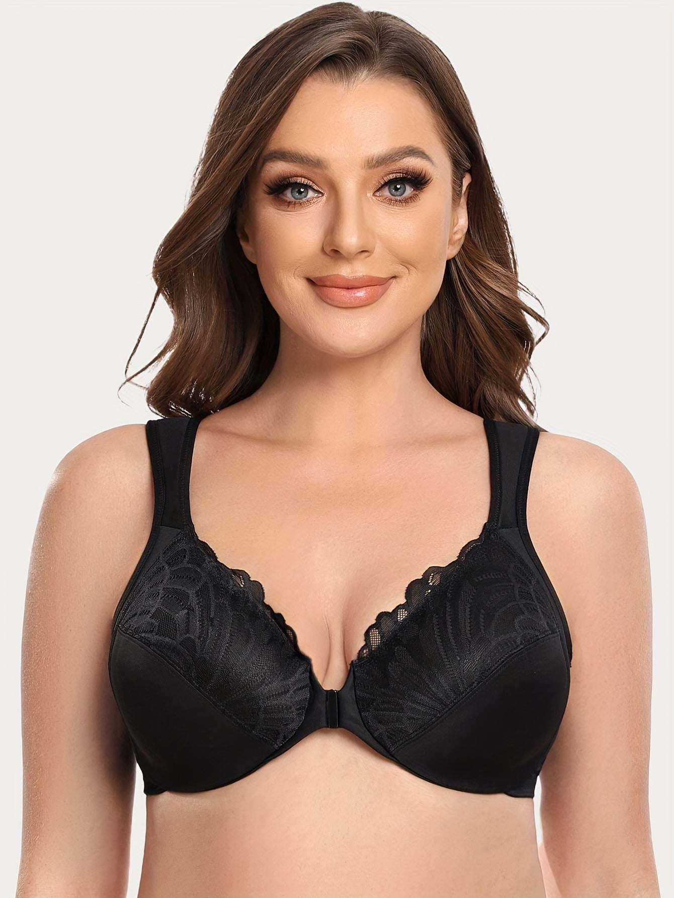 Women's Plus Size Front Closure Underwire Full Coverage Everyday Bra with Elegant Contrast Lace