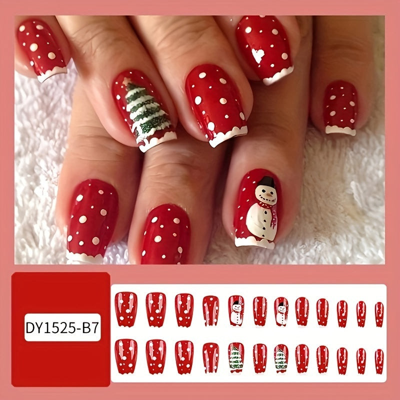 24-Pcs Ballet-Shape Short Press-On Nails - Glossy Red with White Polka Dots, Holiday-Themed Snowman & Christmas Tree Design - Reusable Artificial Fake Nails Set for Women