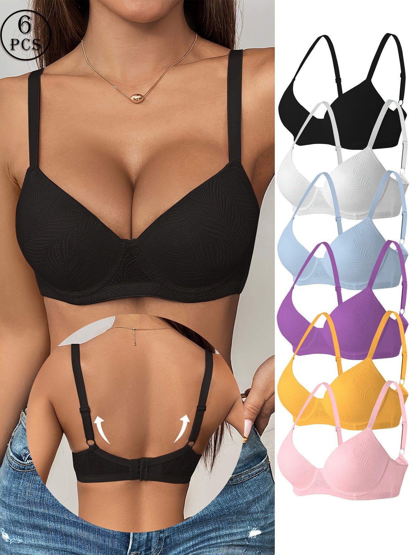 6pcs Solid Jacquard Underwire Adjustable Push Up Bra - Everyday Bras for Women, Comfy Breathable Lingerie with Sexy Design, Soft Cups and Adjustable Straps for Perfect Fit