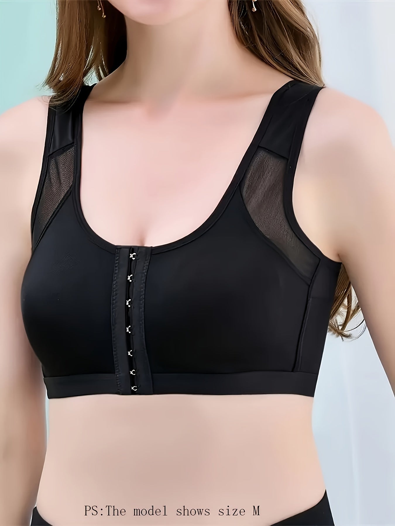 Solid Front Buckle Sports Bra, Comfy & Breathable Wireless Push Up Intimates Bra, Women's Lingerie & Underwear