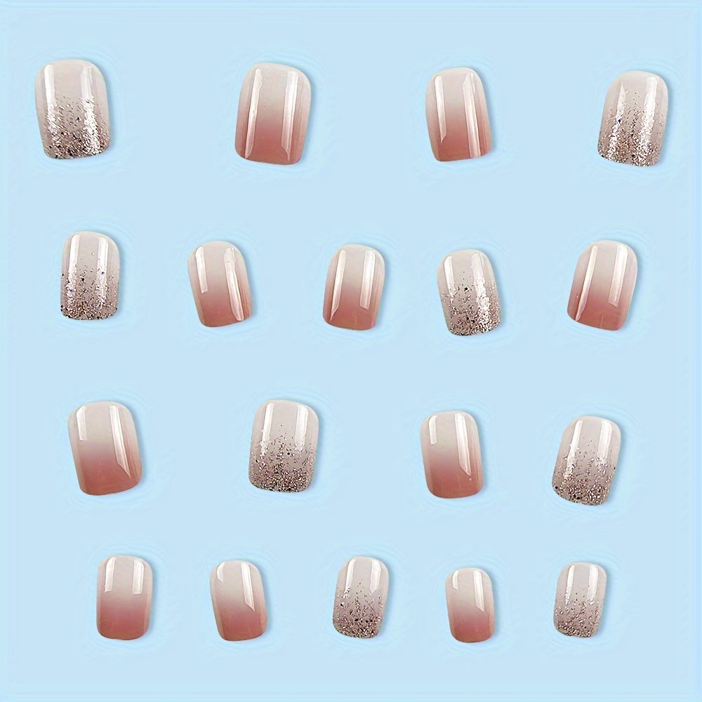 24 Pcs Glossy Short Square Press On Nails Gradient Pinkish French Style False Nails Glitter Reusable Fake Nails For Women