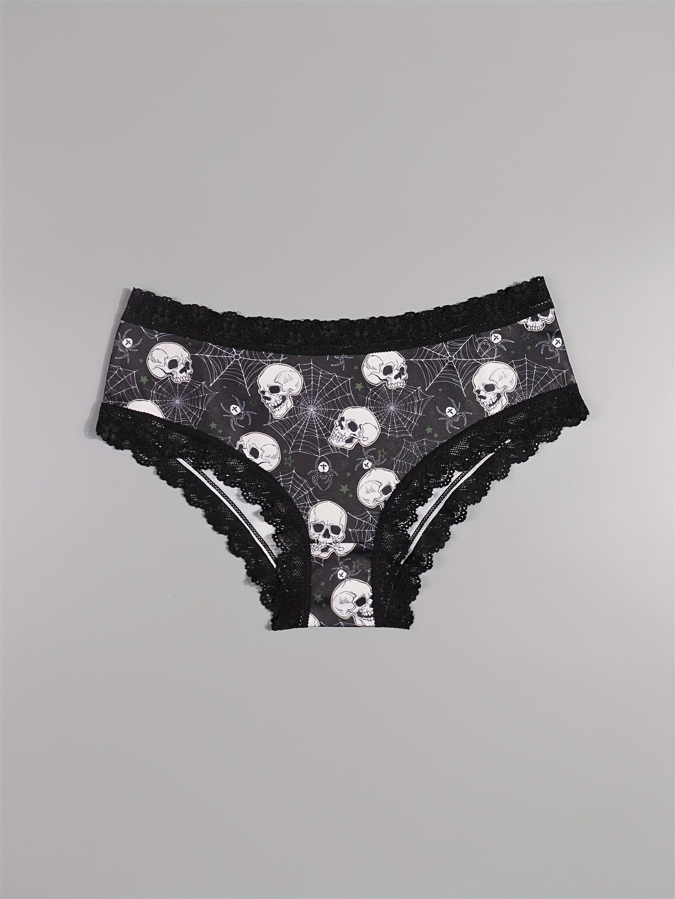 10pcs Gothic Chic Low-Rise Bikini Panties for Women - Sexy Lace Trim, Halloween Skull & Star Prints, Comfortable Hipster Underwear