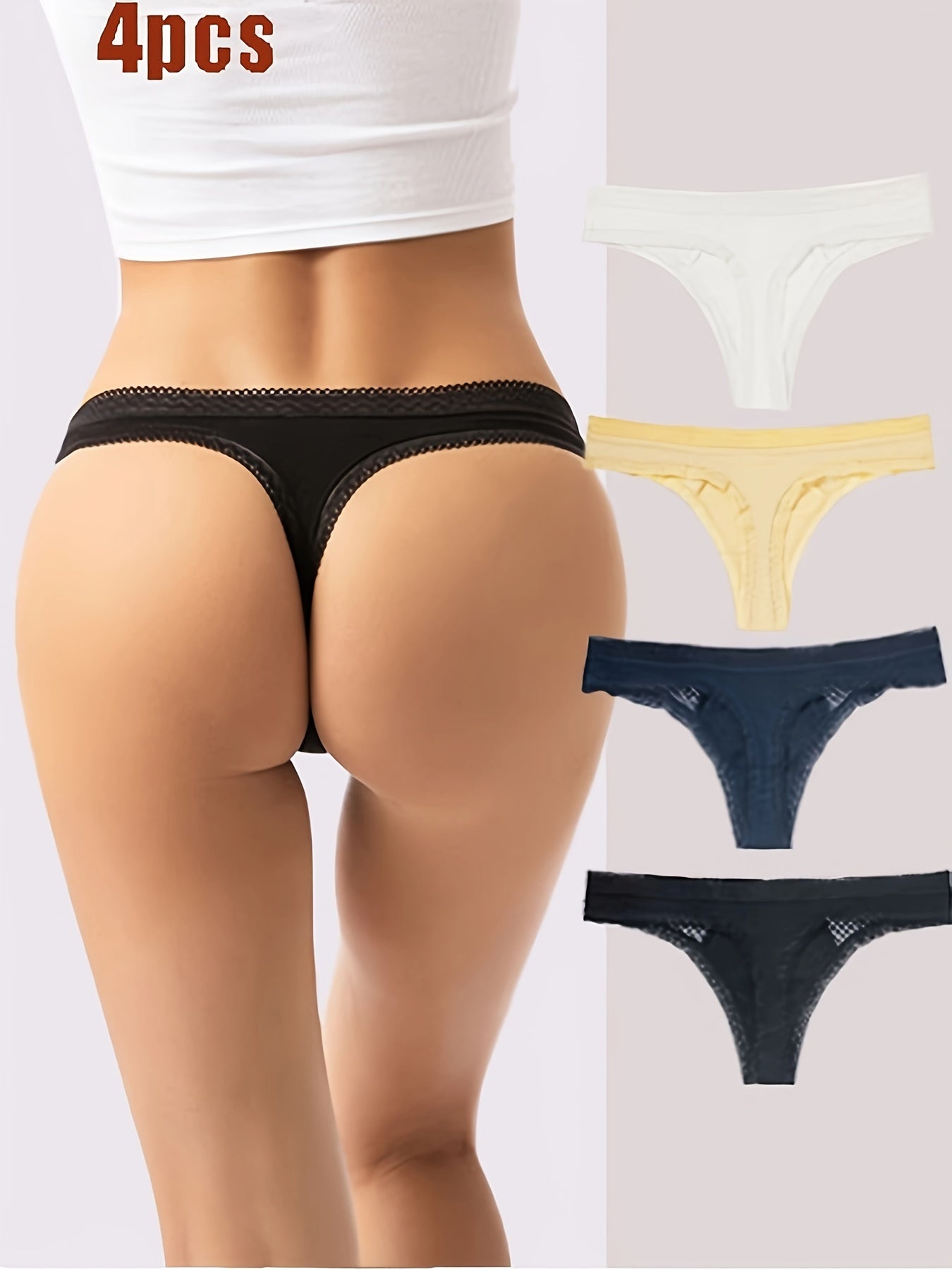 4 Pcs Sexy Thongs, Plain Lace Scallop Trim Low Waisted Intimates Panties, Women's Lingerie & Underwear