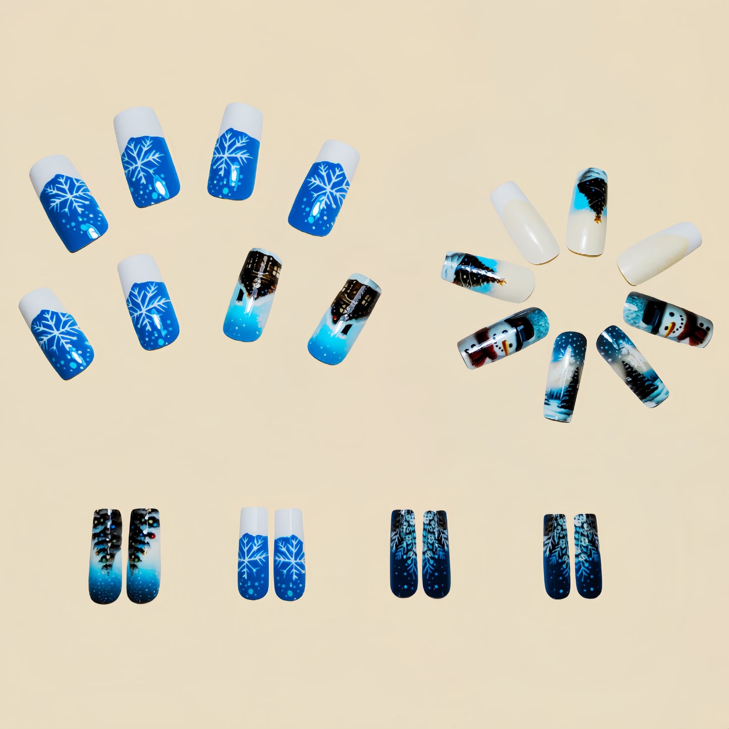 24pcs Set of Glossy Blue Christmas Press-On Nails - Medium Square, Snowman & Snowflake Design with 3D Rhinestone Accents, Full Cover Acrylic Fake Nails for Women and Girls - Festive Winter Nail Art Kit