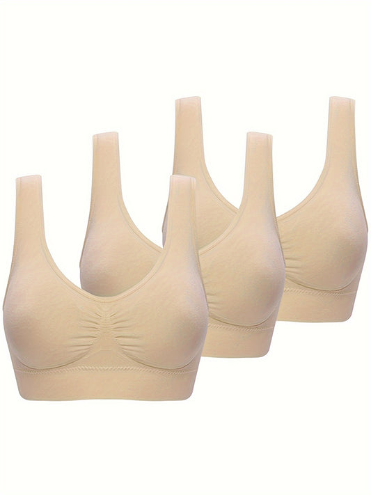 3Pcs Seamless Adjustment Wireless Solid Color Women's Sports Bra Set, Comfy Round Neck Sporty Bras