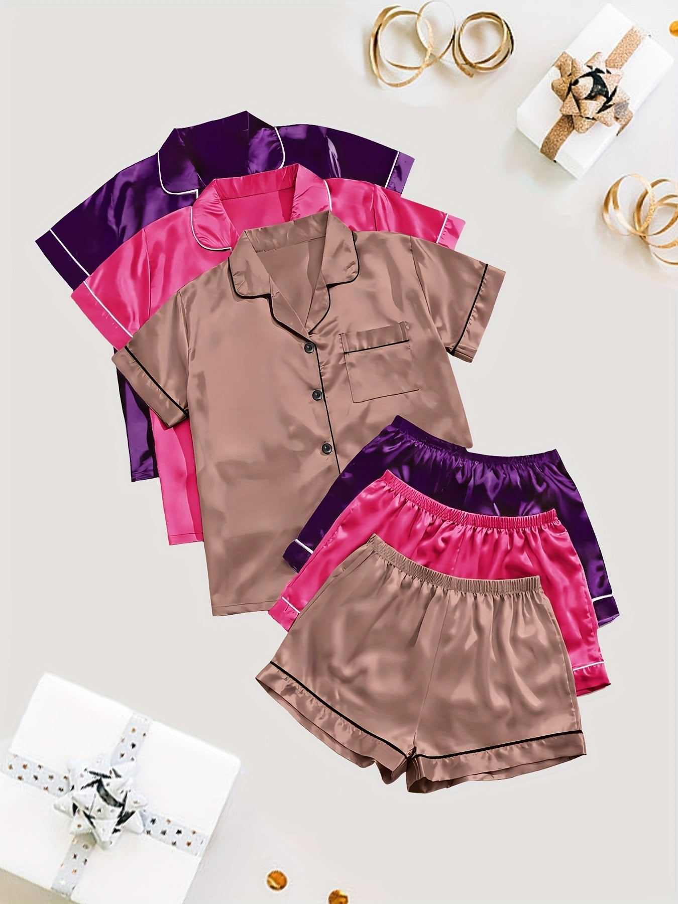 3 Sets Solid Satin Pajama Set, Casual Short Sleeve Buttons Lapel Top & Elastic Shorts, Women's Sleepwear