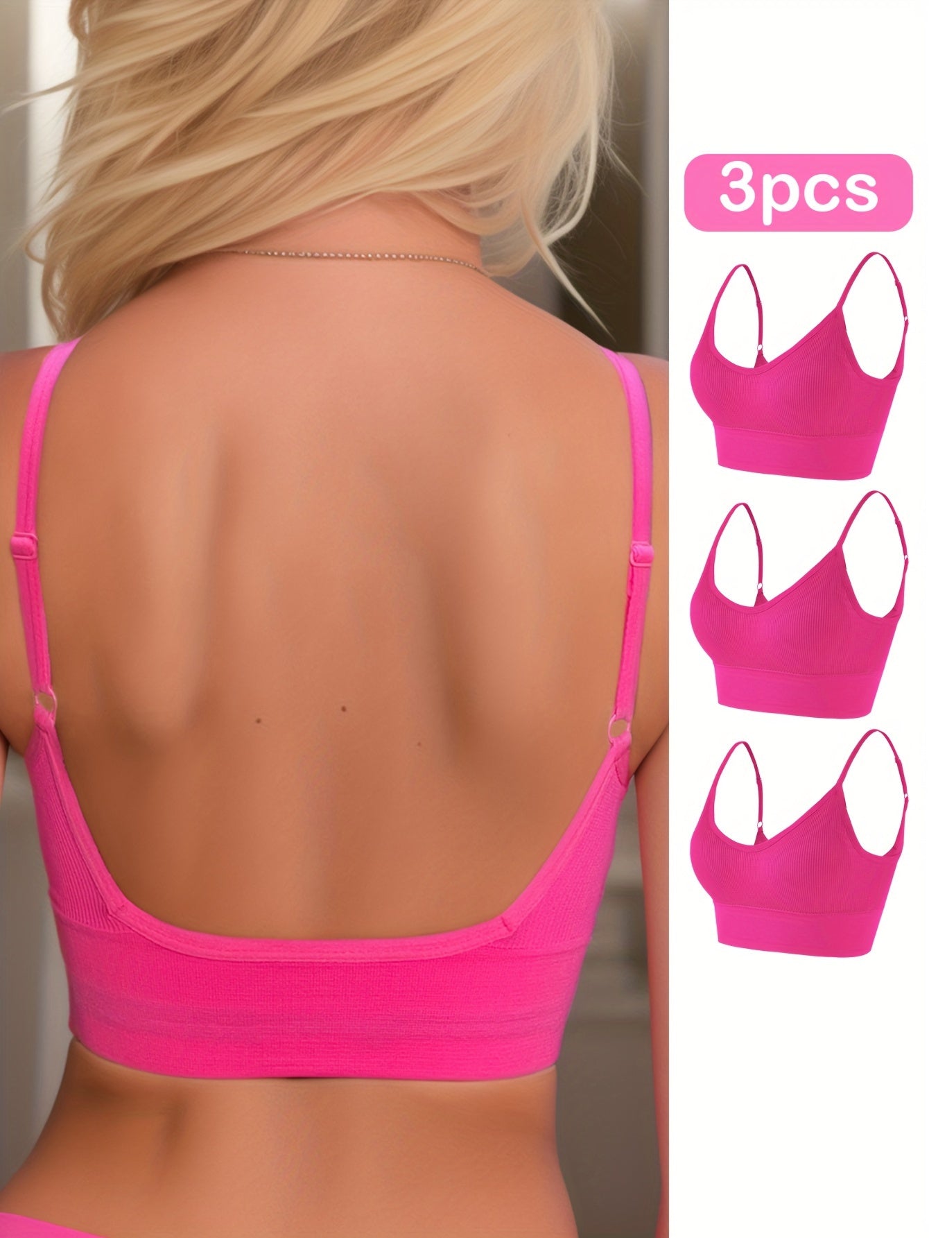 3pcs Solid Ribbed Sports Bra, Comfy & Breathable Fitness Workout Intimates Bra, Women's Lingerie & Underwear