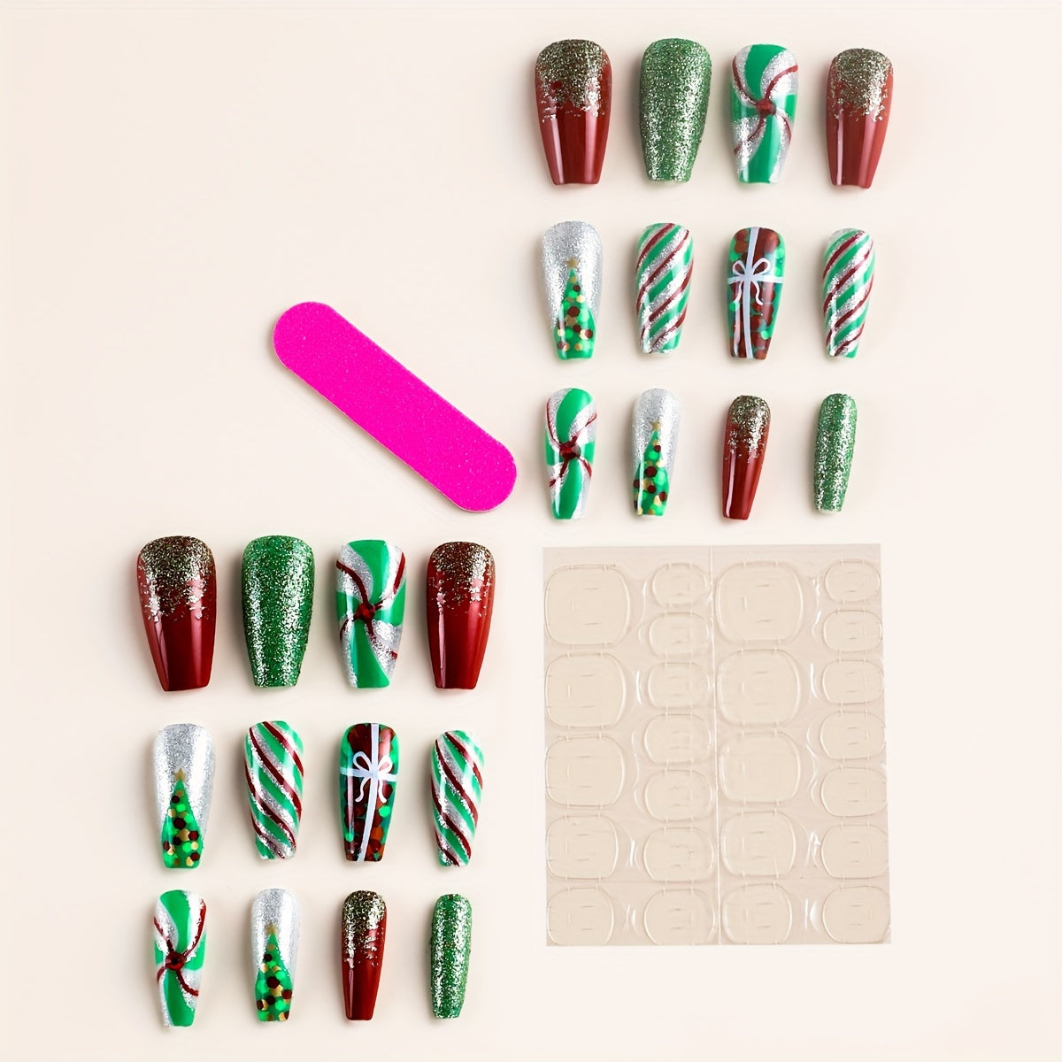 24pcs Sparkling Christmas Press-On Nails Set - Red & Green Striped, Medium Ballet Shape With Glitter Accents, Includes Jelly Adhesive & Nail File