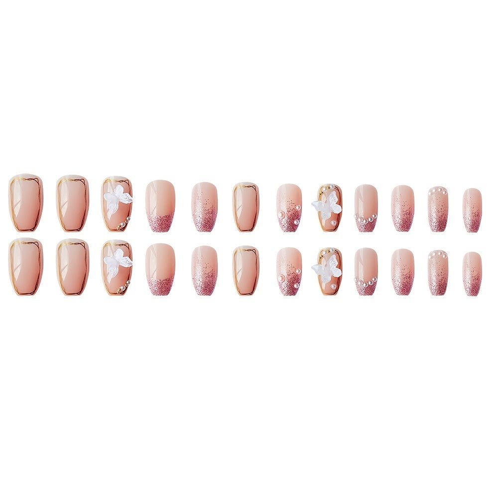 24pcs Nude Press On Nails, Medium Ballerina Fake Nails With 3D Crystal Butterfly Adn Pearls Design, Pink Glitter False Nails For Women And Girls