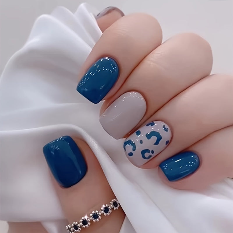 24-Piece Set Square Short Press-On Nails - Glossy Blue Colorblock with Leopard Print Accents - Removable Adhesive Nail Extensions with Jelly Glue & Nail File Included