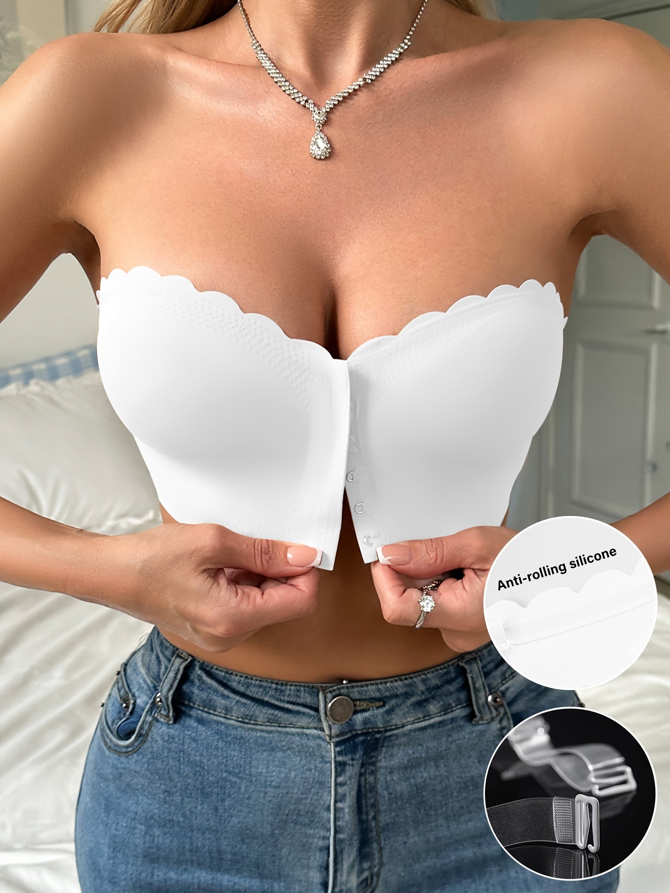 Women's Strapless Front Closure Bra, Seamless Solid Color, No Underwire, Wave Edge Design, Casual Style with Anti-Rolling Silicone Grip