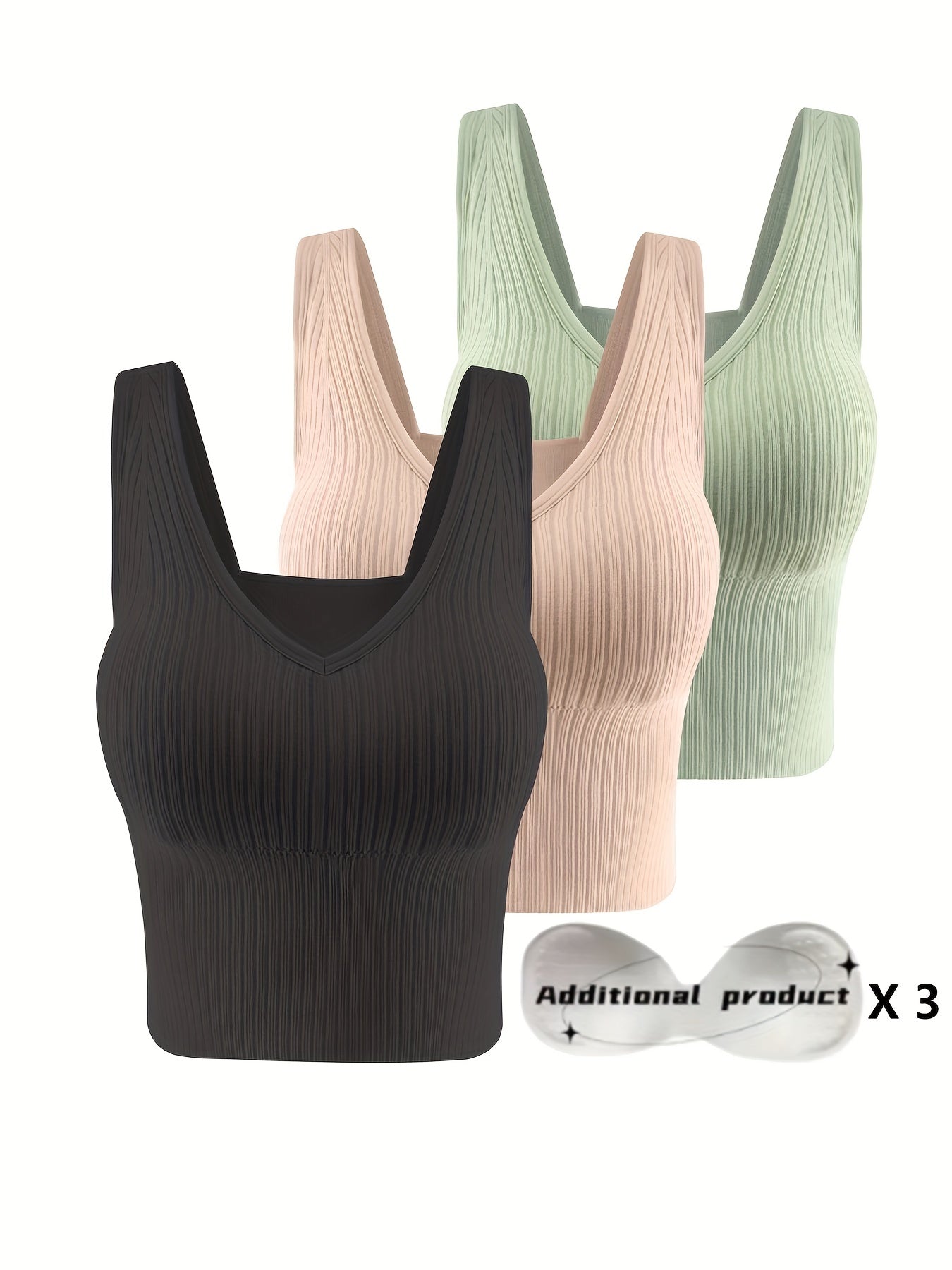 3pcs Ribbed Tank Top, Casual & Comfortable Wireless Vest Bra With Detachable Chest Pads, Women's Lingerie & Underwear