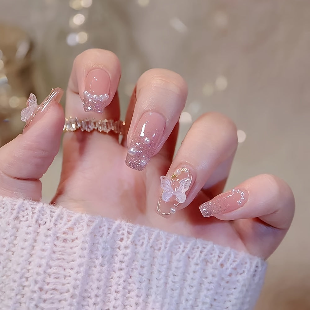 24pcs Nude Press On Nails, Medium Ballerina Fake Nails With 3D Crystal Butterfly Adn Pearls Design, Pink Glitter False Nails For Women And Girls