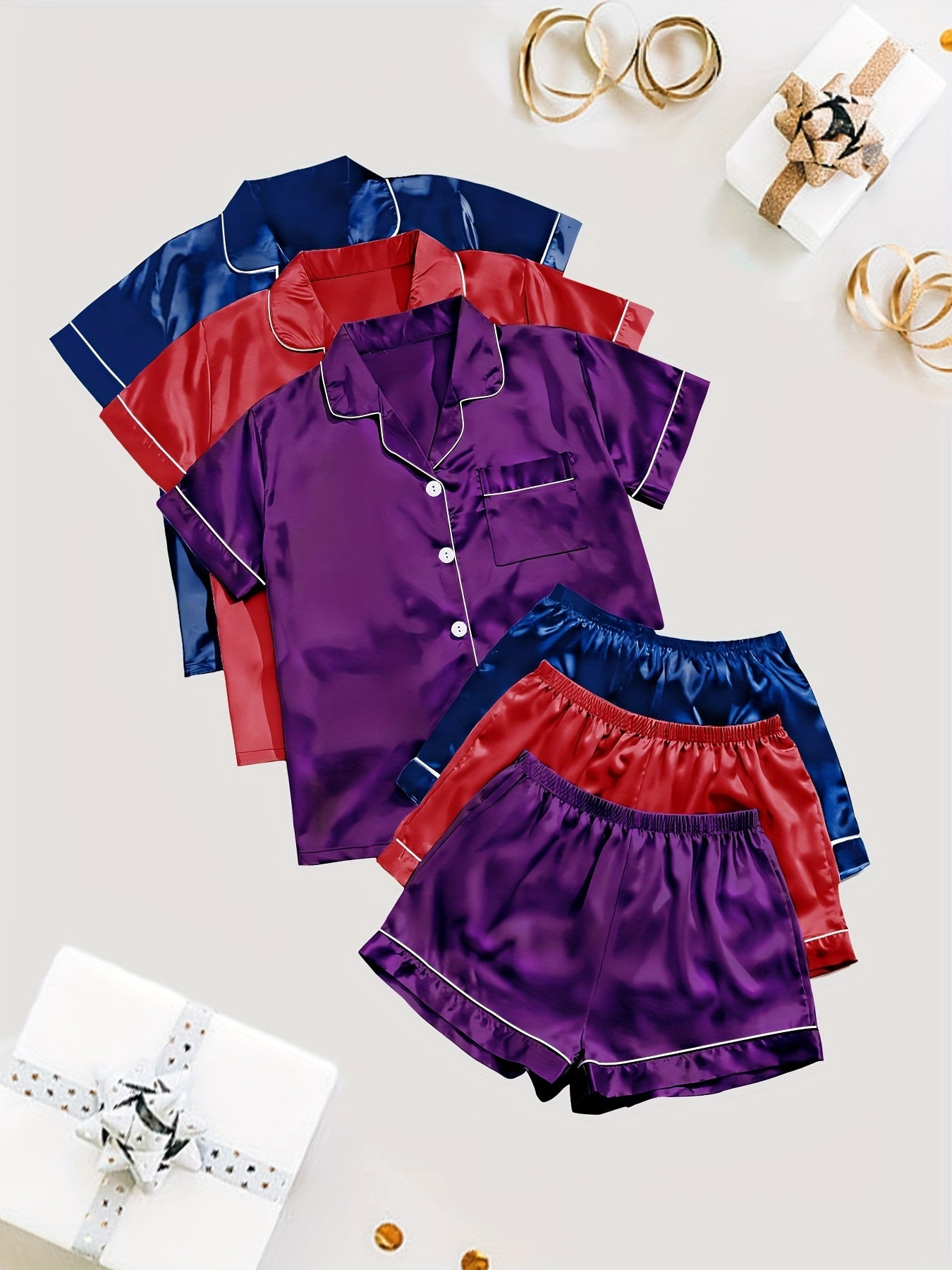 3 Sets Solid Satin Pajama Set, Casual Short Sleeve Buttons Lapel Top & Elastic Shorts, Women's Sleepwear