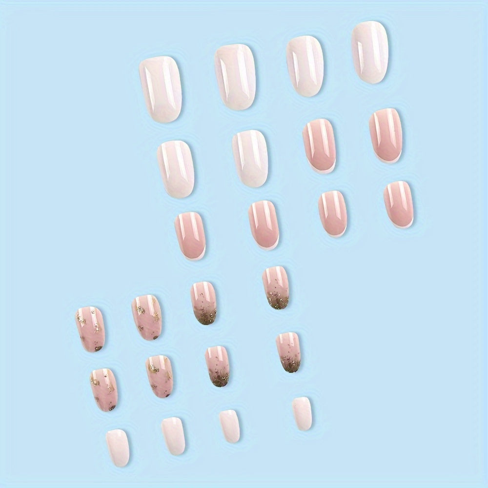 24Pcs/set Glossy Medium Oval Press On Nails Pinkish False Nails French Style False Nails Golden Glitter Reusable Fake Nails For Women