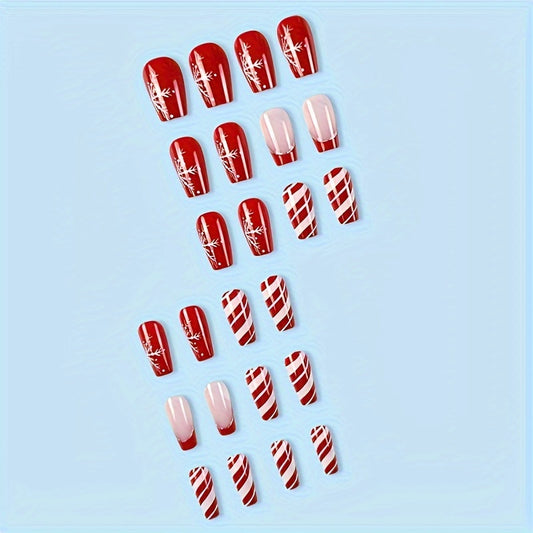 24Pcs Christmas Press on Nails Set - Short Ballet Fake Nails with Red & White Stripe, Glitter, and Holiday Elements - Glossy Finish for Women