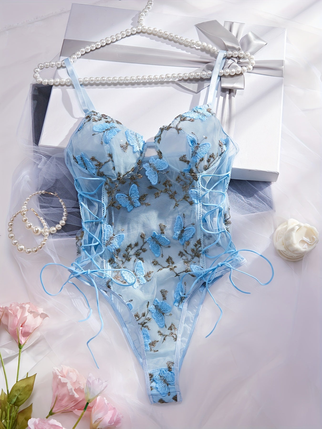 2 Alluring Colors, Sizes S-XL Womens Seductive One-piece Lingerie - Intricate Butterfly Embroidery, Luxurious Soft Tulle, Adjustable Straps - Sexy Adult Underwear for A ravishing Look