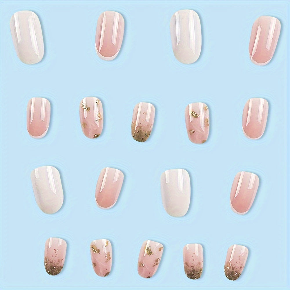 24Pcs/set Glossy Medium Oval Press On Nails Pinkish False Nails French Style False Nails Golden Glitter Reusable Fake Nails For Women