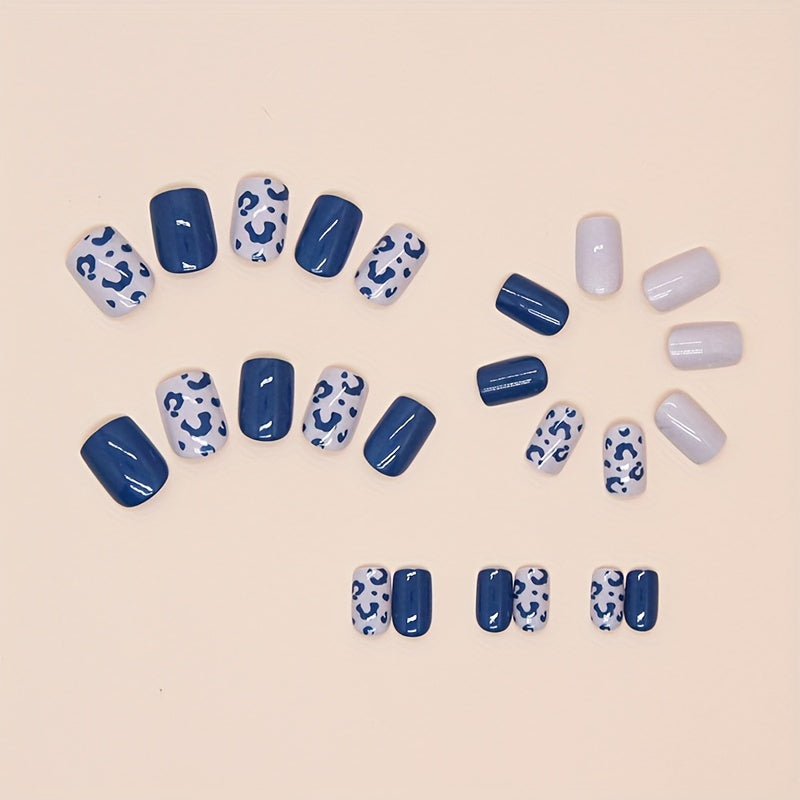 24-Piece Set Square Short Press-On Nails - Glossy Blue Colorblock with Leopard Print Accents - Removable Adhesive Nail Extensions with Jelly Glue & Nail File Included