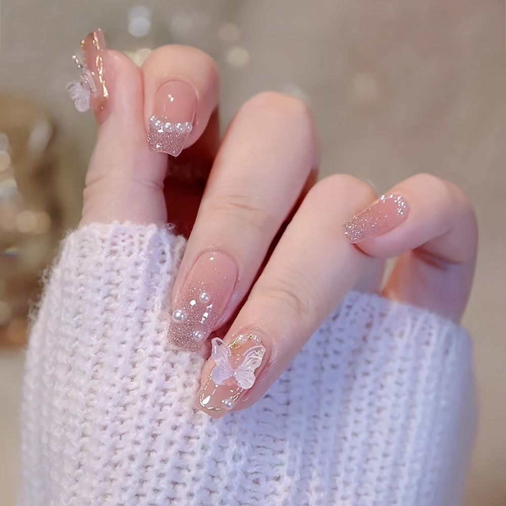 24pcs Nude Press On Nails, Medium Ballerina Fake Nails With 3D Crystal Butterfly Adn Pearls Design, Pink Glitter False Nails For Women And Girls