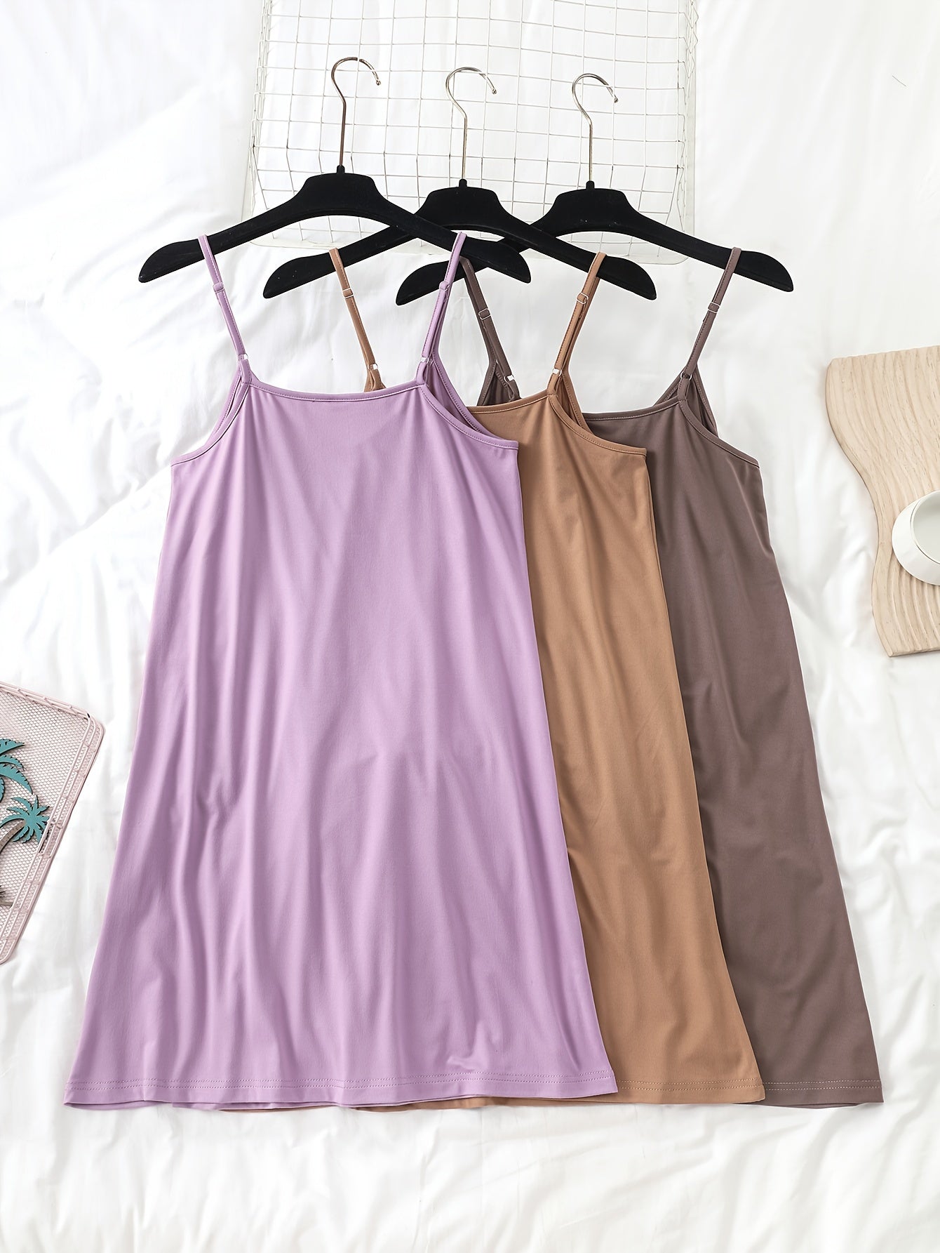 3pcs Simple Solid Nightdress, Crew Neck Spaghetti Strap Sleep Dress, Women's Sleepwear & Dresses