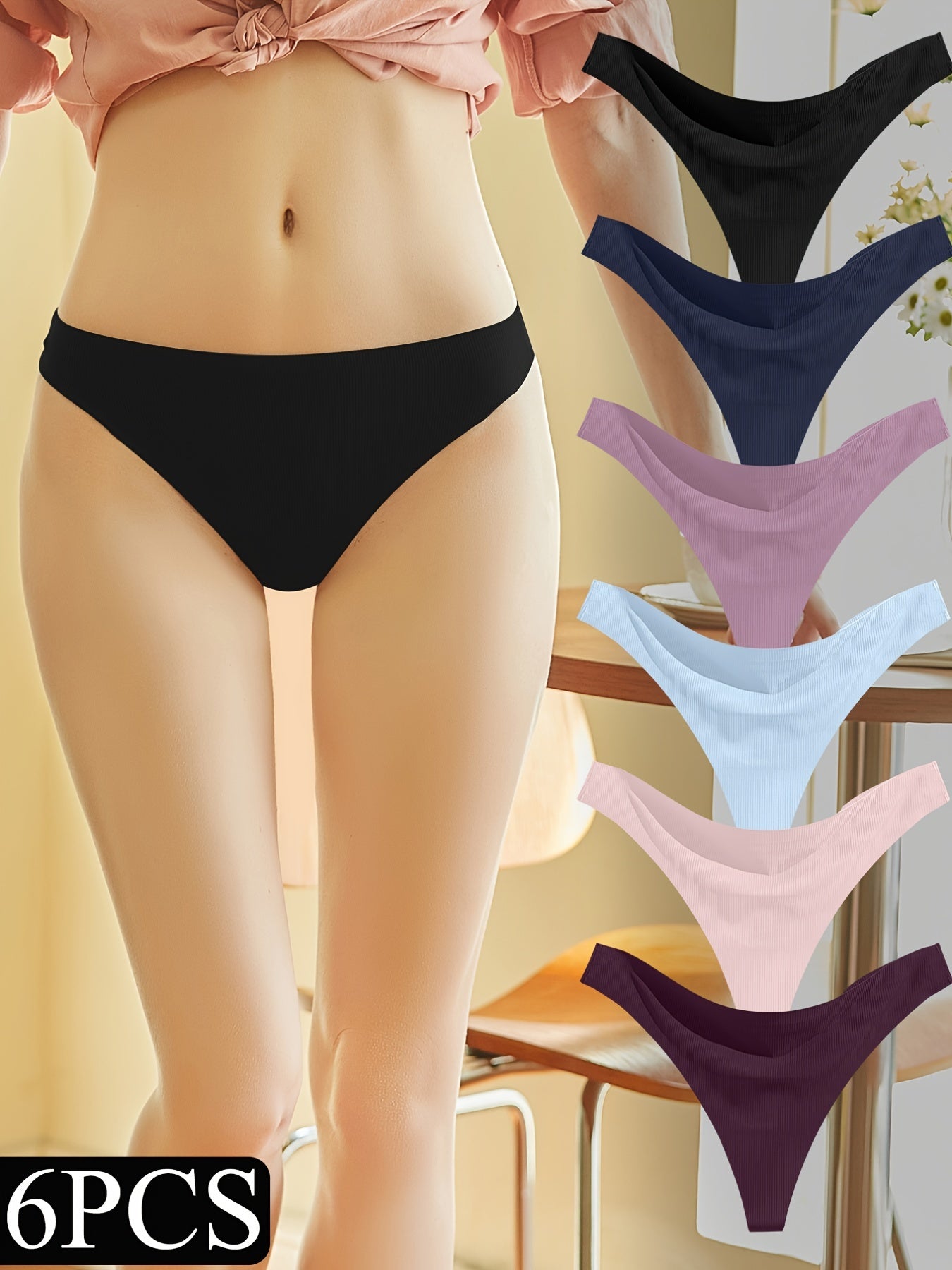 6pcs Seamless Solid Thongs, Soft & Comfy Low Waist Stretchy Panties, Women's Lingerie & Underwear