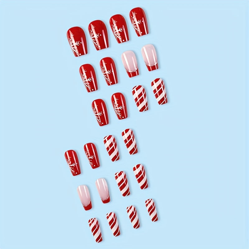 24pcs Glossy Short Ballet Fake Nails, Christmas Red Press On Nails With White Snowflake Stripe Design, French False Nails For Women Girls