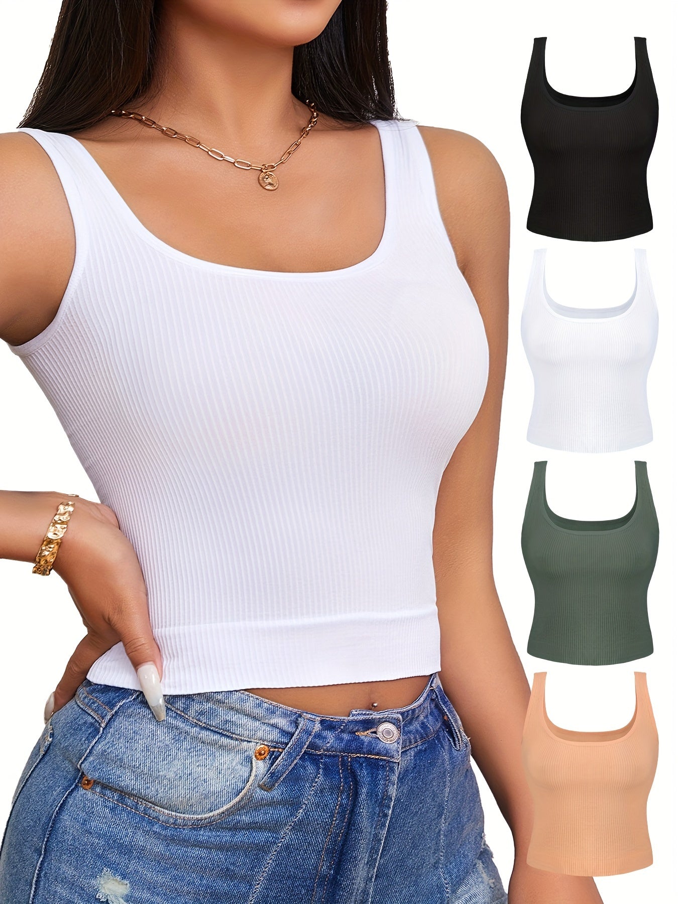 4pcs Solid Tank Tops, Simple Scoop Neck Sleeveless Ribbed Knit Casual Tank Crop Top, Women's Lingerie & Underwear