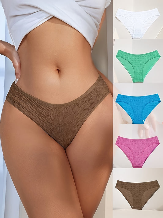 5 Pcs Solid Textured Briefs, Simple Breathable Intimates Panty, Women's Lingerie & Underwear