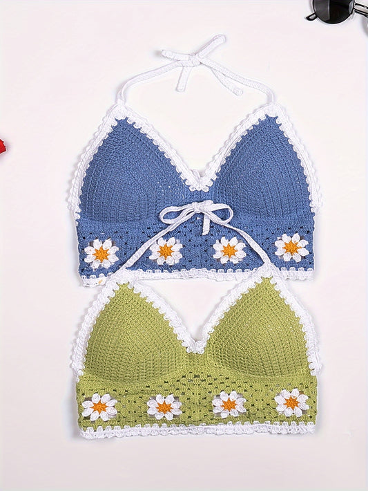 2 Pcs Floral Crochet Hollow Out Top, Halter Tie Stap Backless Boho Paddings Beachwear Top Set, Women's Swimwear & Clothing