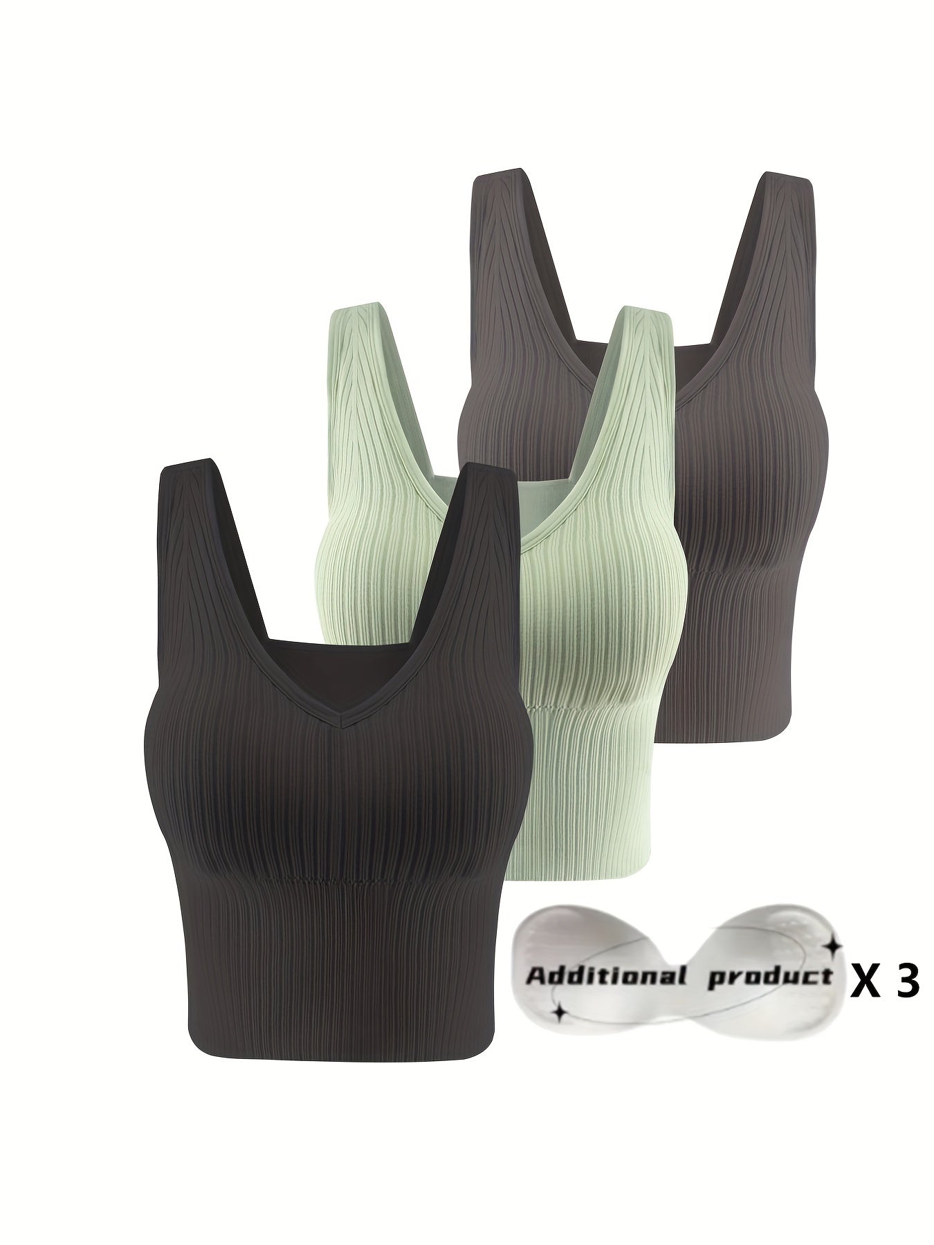 3pcs Ribbed Tank Top, Casual & Comfortable Wireless Vest Bra With Detachable Chest Pads, Women's Lingerie & Underwear