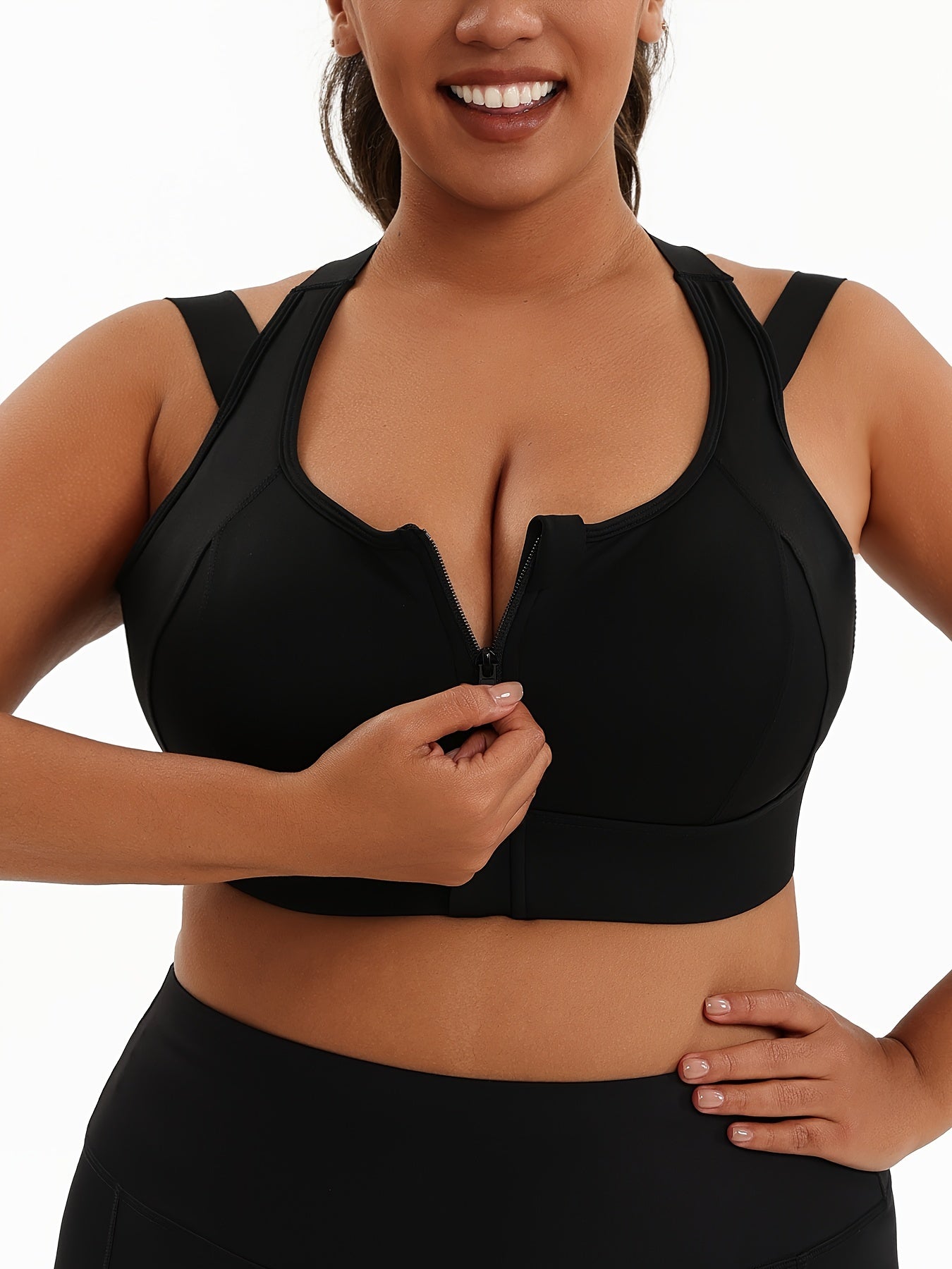 Women's Plus Size Sports Bra, Front Zip Closure, High Support Fitness Active Wear, Breathable Comfortable Lingerie, For Basketball Yoga Sports, Simple Look