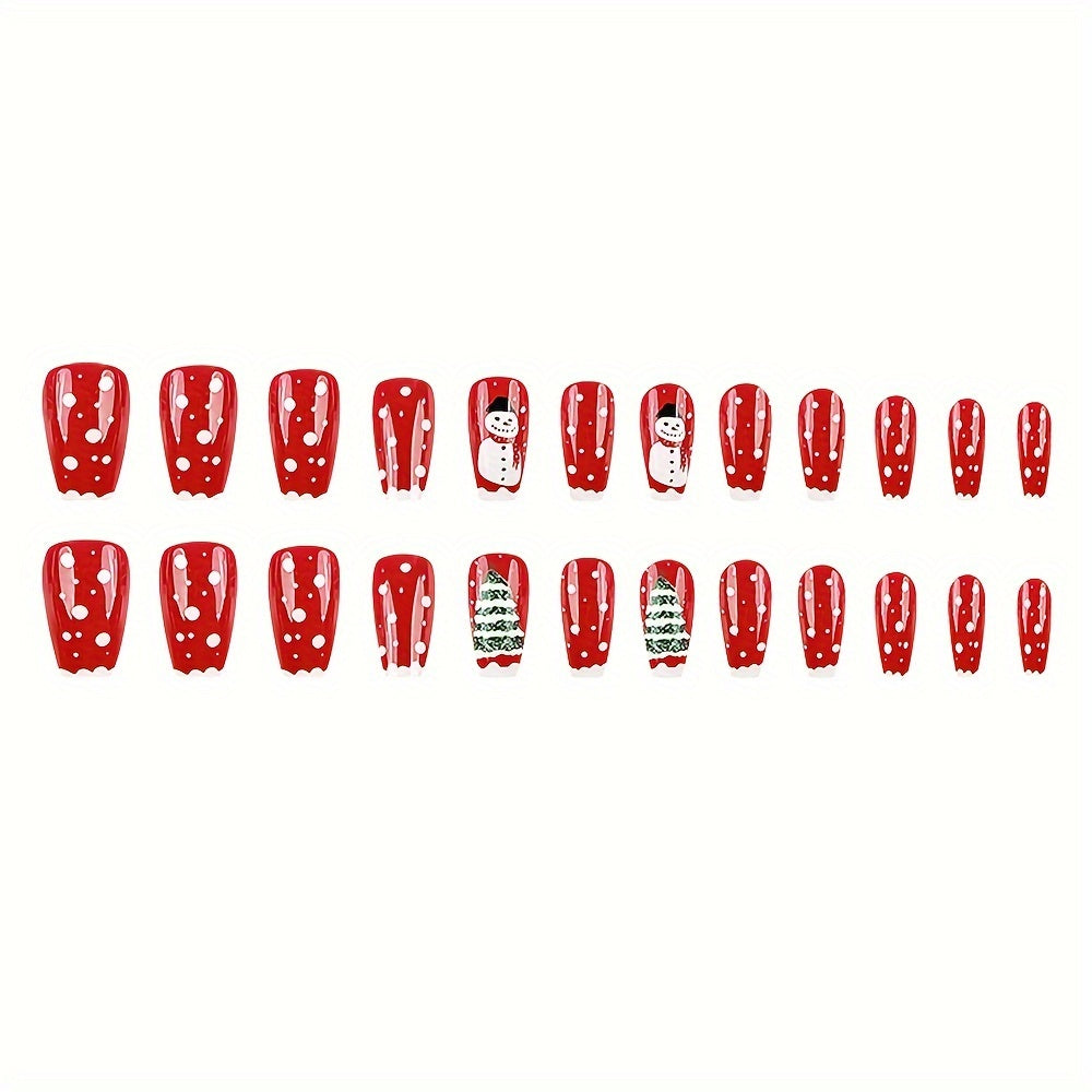 24-Pcs Ballet-Shape Short Press-On Nails - Glossy Red with White Polka Dots, Holiday-Themed Snowman & Christmas Tree Design - Reusable Artificial Fake Nails Set for Women