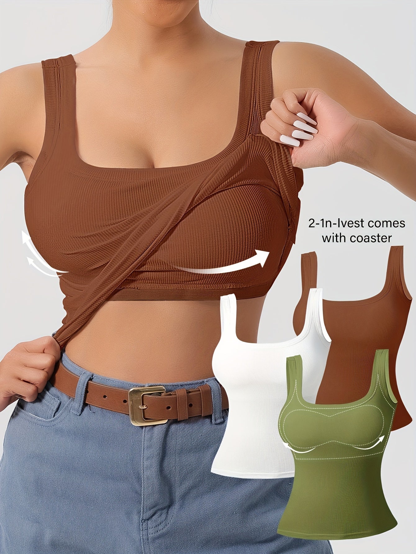 3Pcs U-Back Tank Tops Vest Set - Comfortable Removable Pads, Slim Fit, Solid Color, Versatile Inner & Outerwear for Women, Casual Camisole Style with Multi-Occasion Wear Options