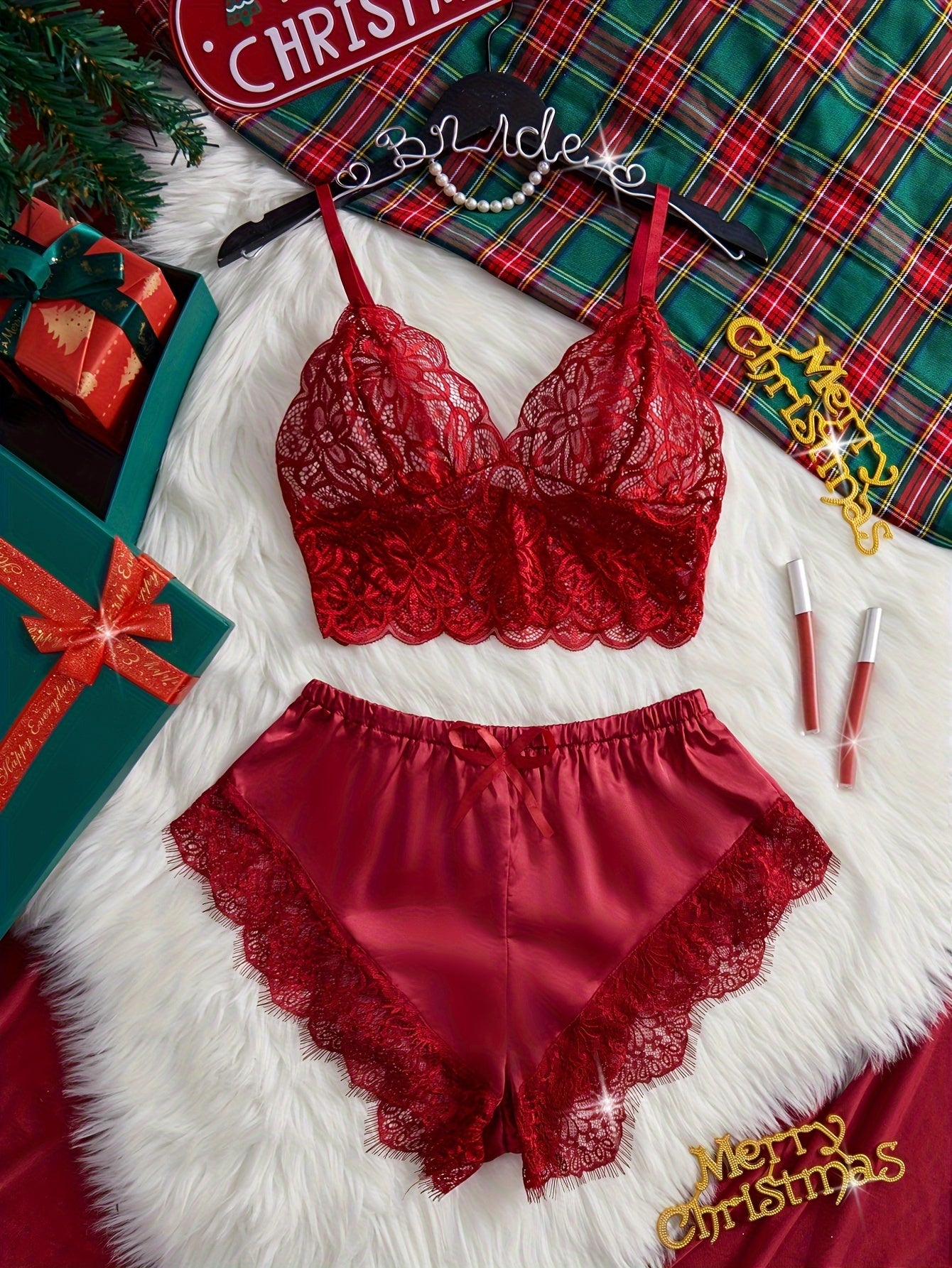 Festive Red Lace Sexy Christmas Underwear Set with Bow Details - Women'S Lingerie