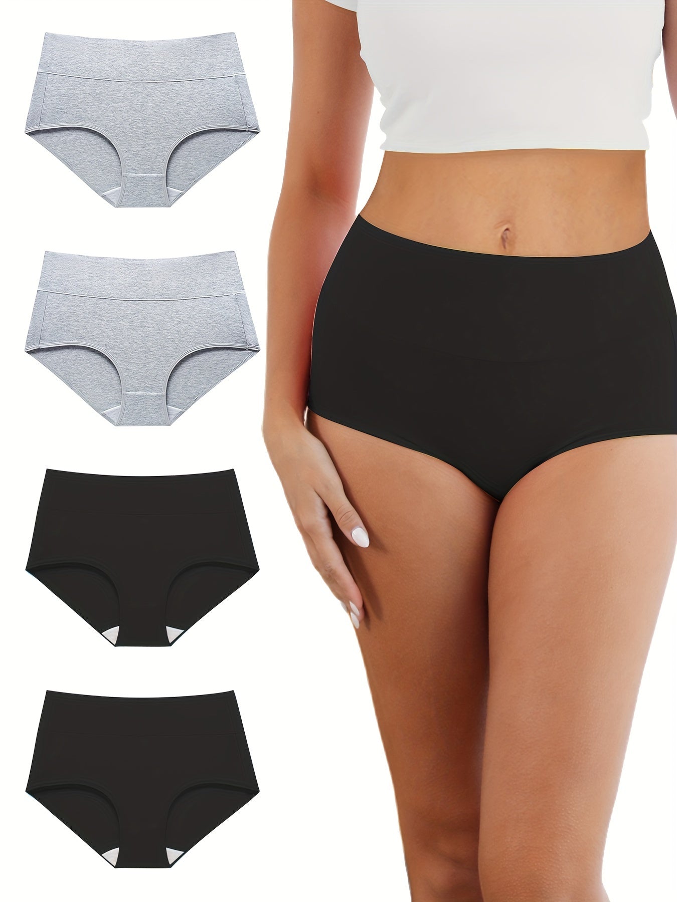 4pcs Women's Simple Panties Set, Plus Size Solid Elastic Waistband High Waist Breathable Underwear