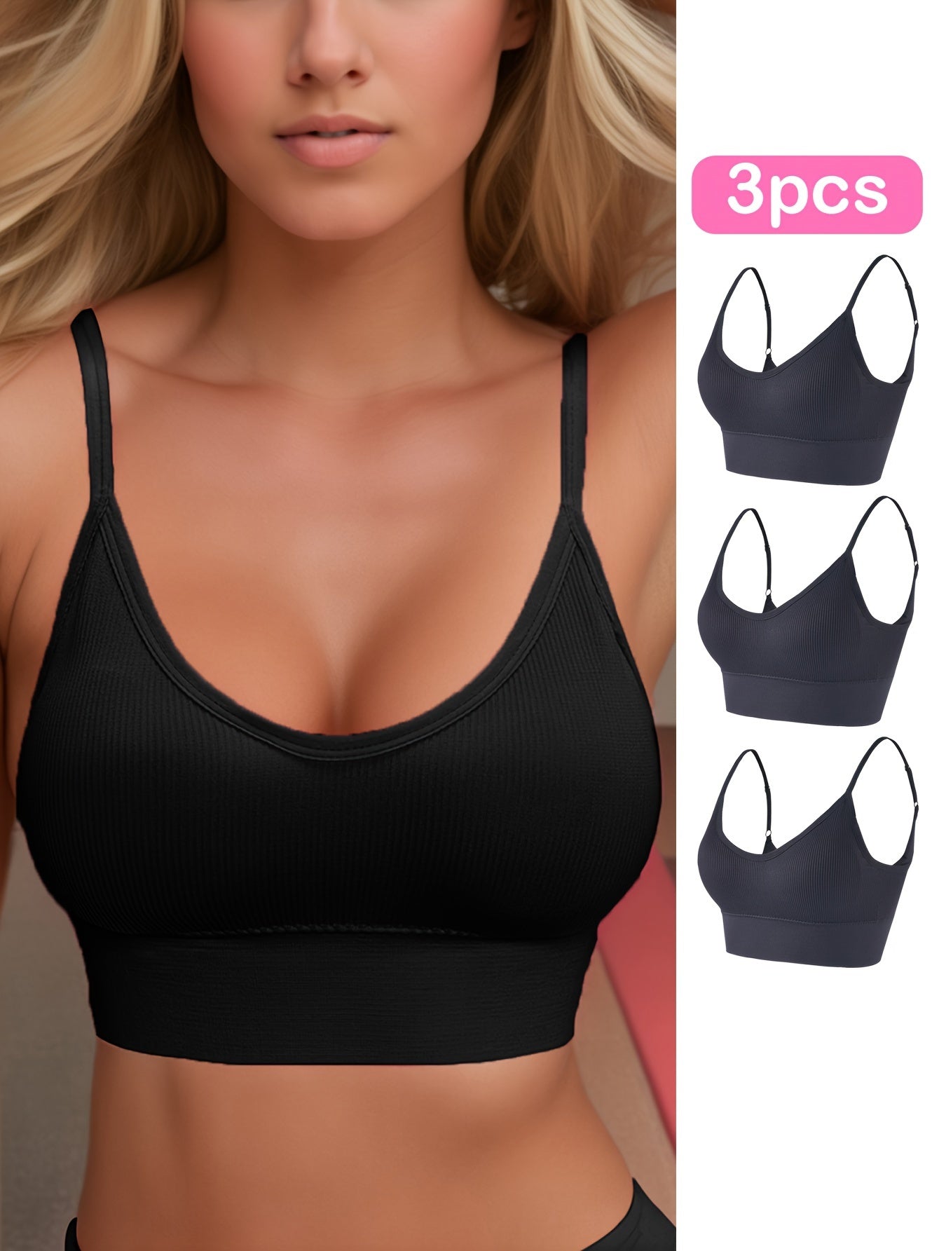 3pcs Solid Ribbed Sports Bra, Comfy & Breathable Fitness Workout Intimates Bra, Women's Lingerie & Underwear