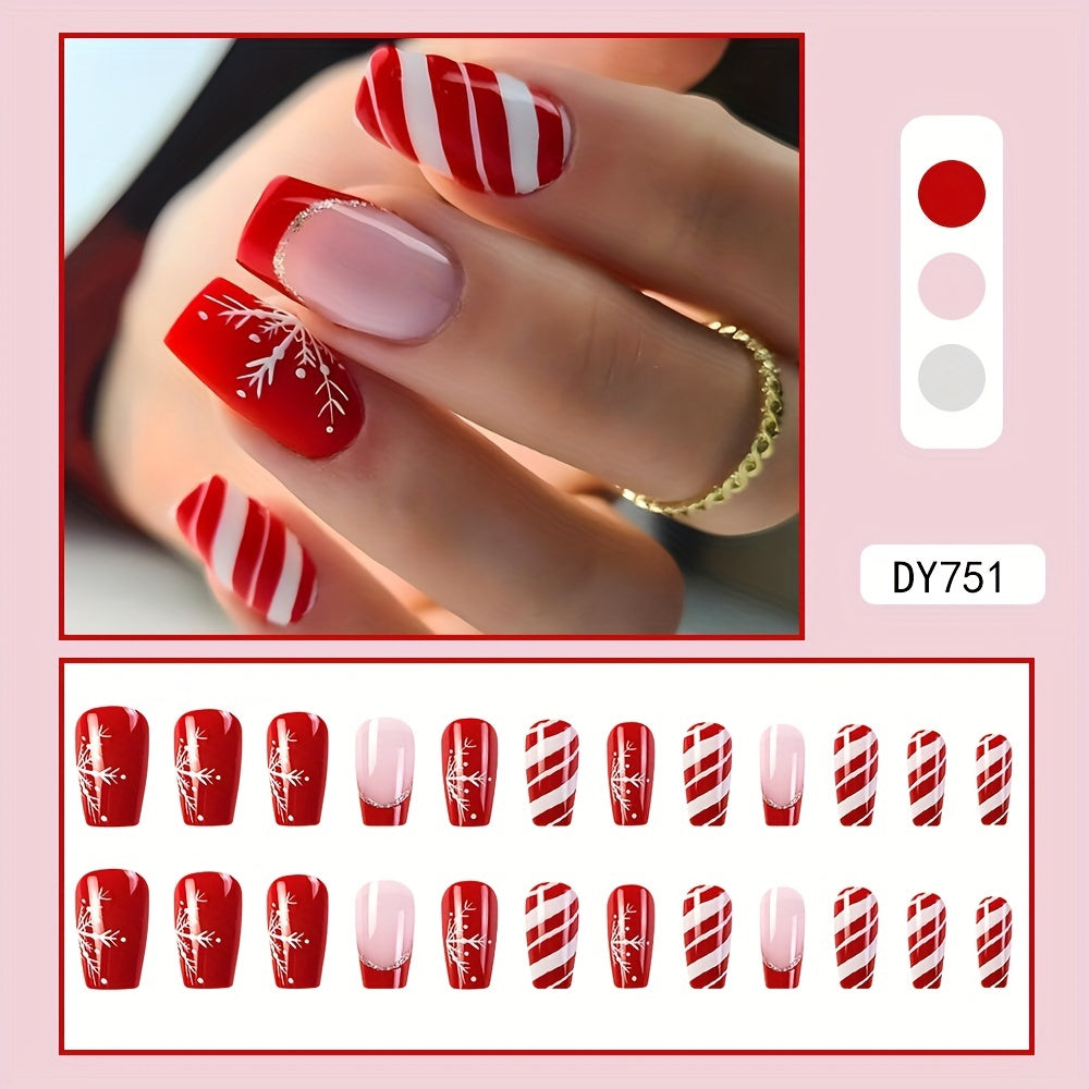 24pcs Glossy Short Ballet Fake Nails, Christmas Red Press On Nails With White Snowflake Stripe Design, French False Nails For Women Girls