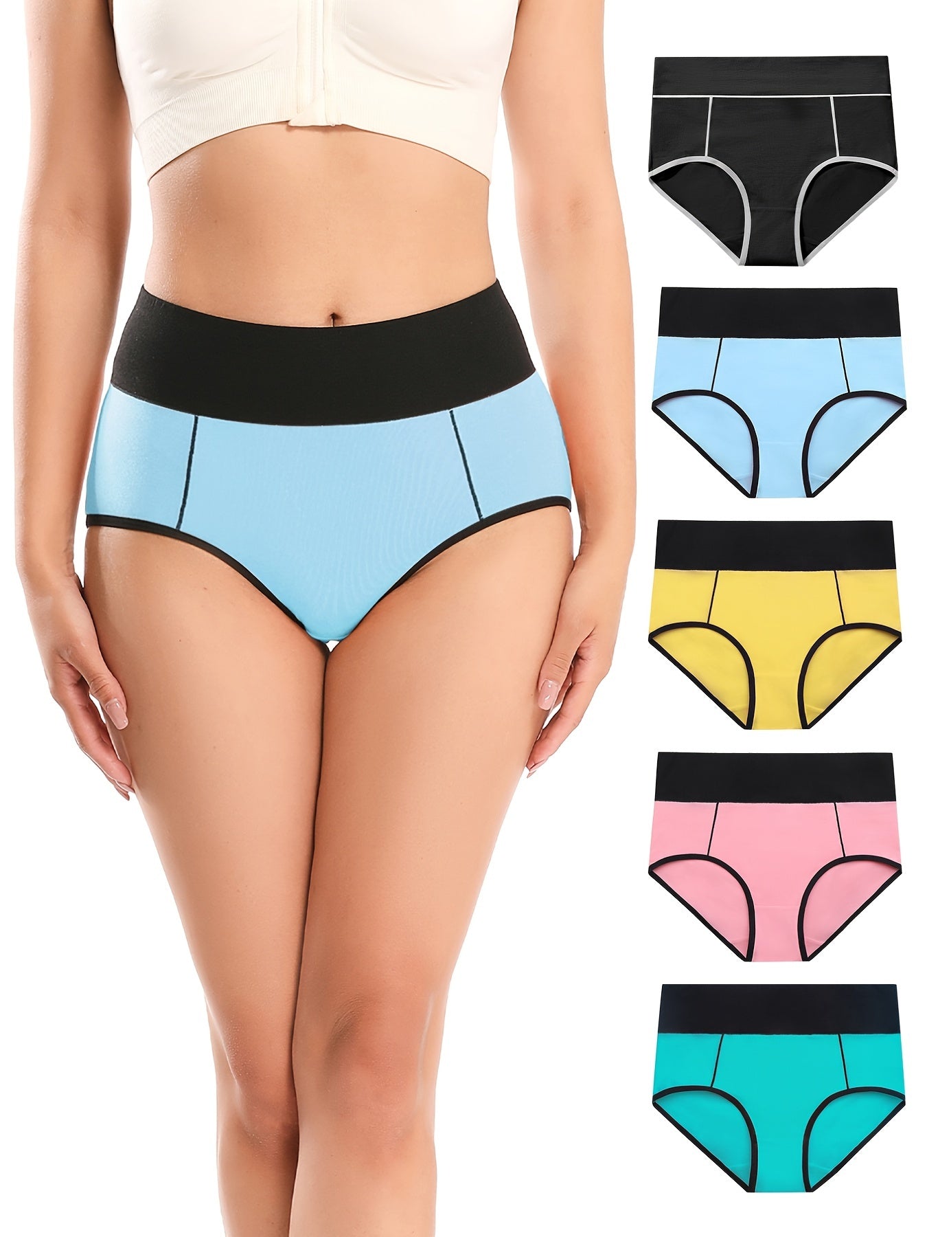 5 pack five piece Women's Plus Size Sporty High Waisted Soft & Comfy Briefs Set with Contrast Trim