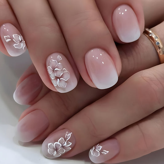 Nail Art Essentials - Short Shape White Floral Nail Tips with High-Gloss Finish for a Salon-Like Look, Artificial Nail Stickers for Easy Application