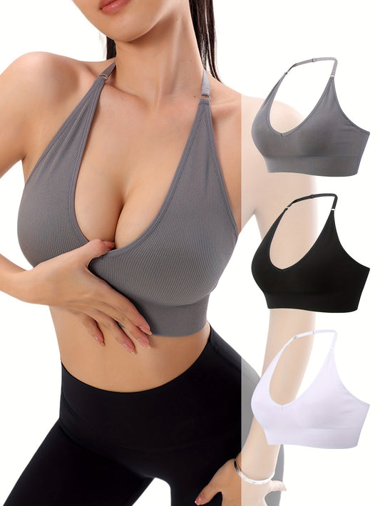 3pcs Women's Adjustable Halter Neck Sports Bra With Deep V-neckline, Ribbed Fabric, Stretch Fit For Yoga And Fitness